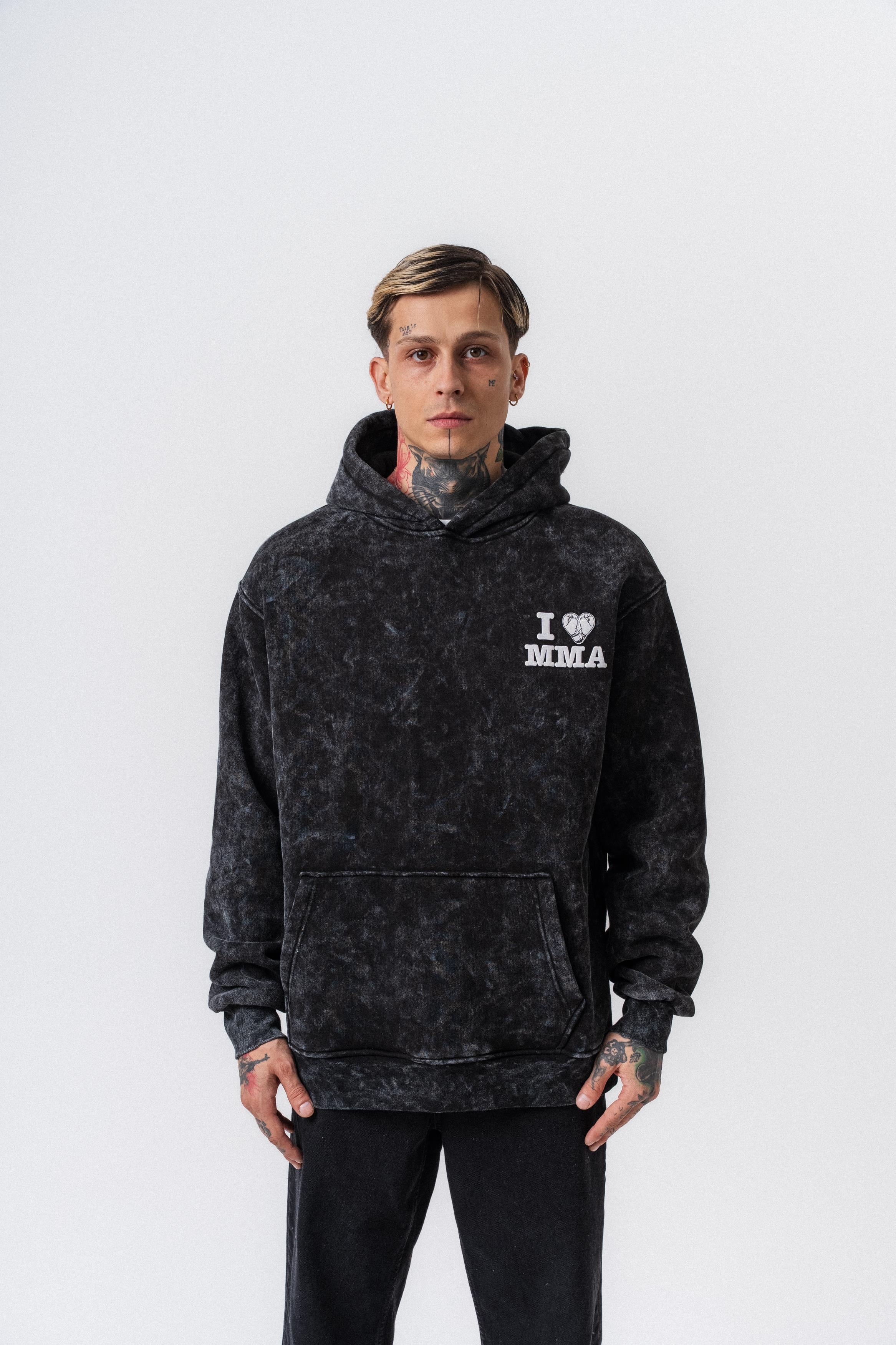 Erkek Mma Baskılı Kapüşonlu Oversize Hoodie Siyah