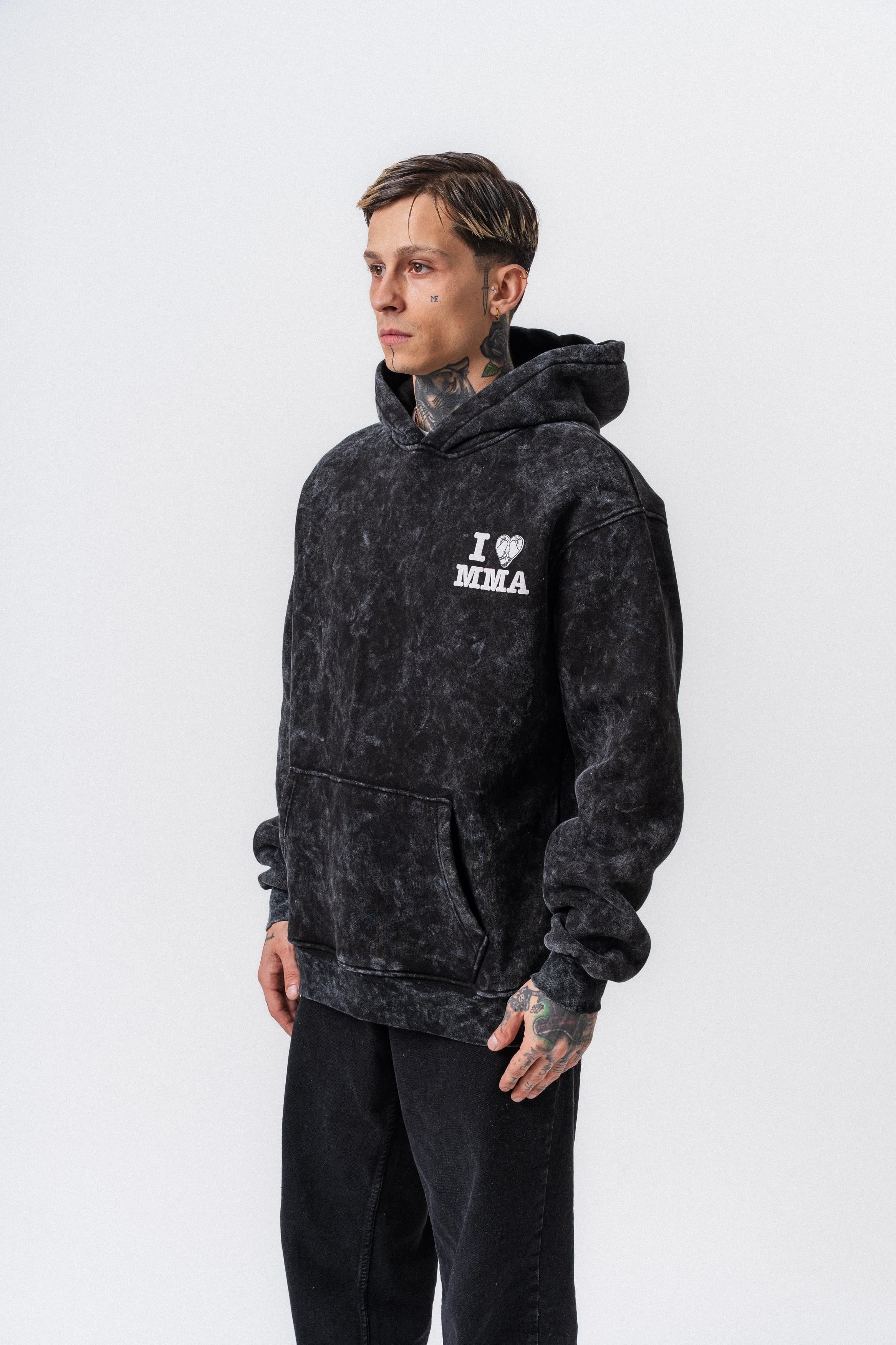 Erkek Mma Baskılı Kapüşonlu Oversize Hoodie Siyah