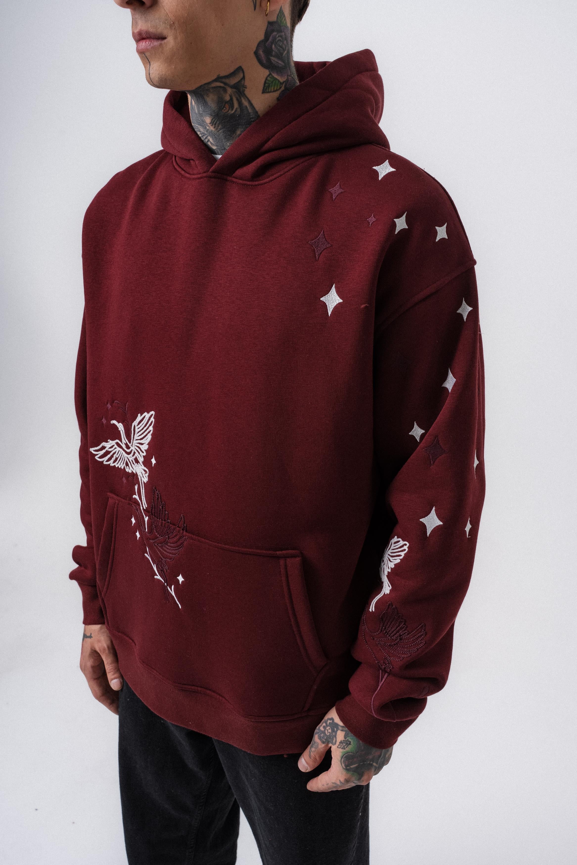 Erkek No Perch Nakışlı Kapüşonlu Oversize Hoodie Bordo