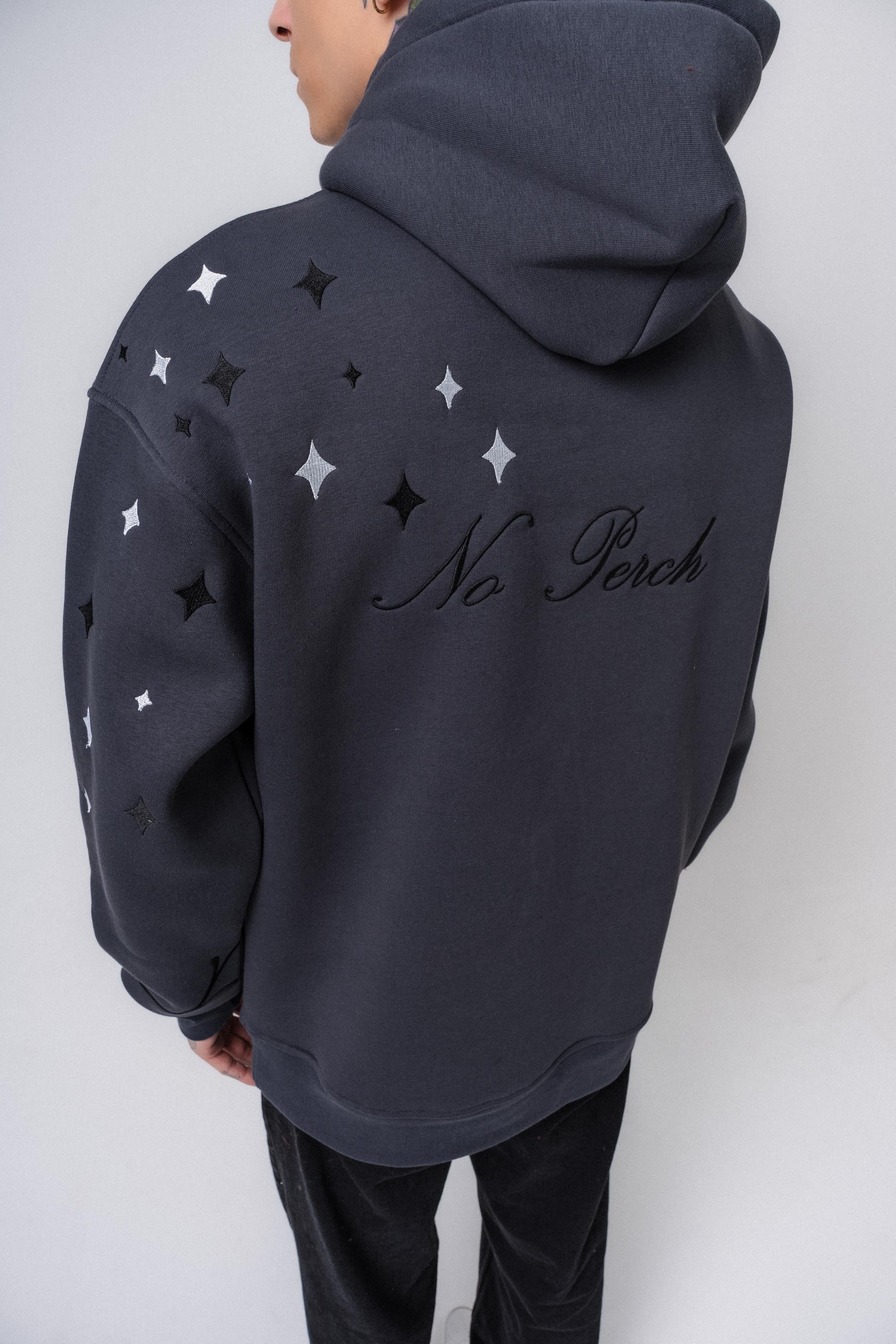 Erkek No Perch Nakışlı Kapüşonlu Oversize Hoodie Füme