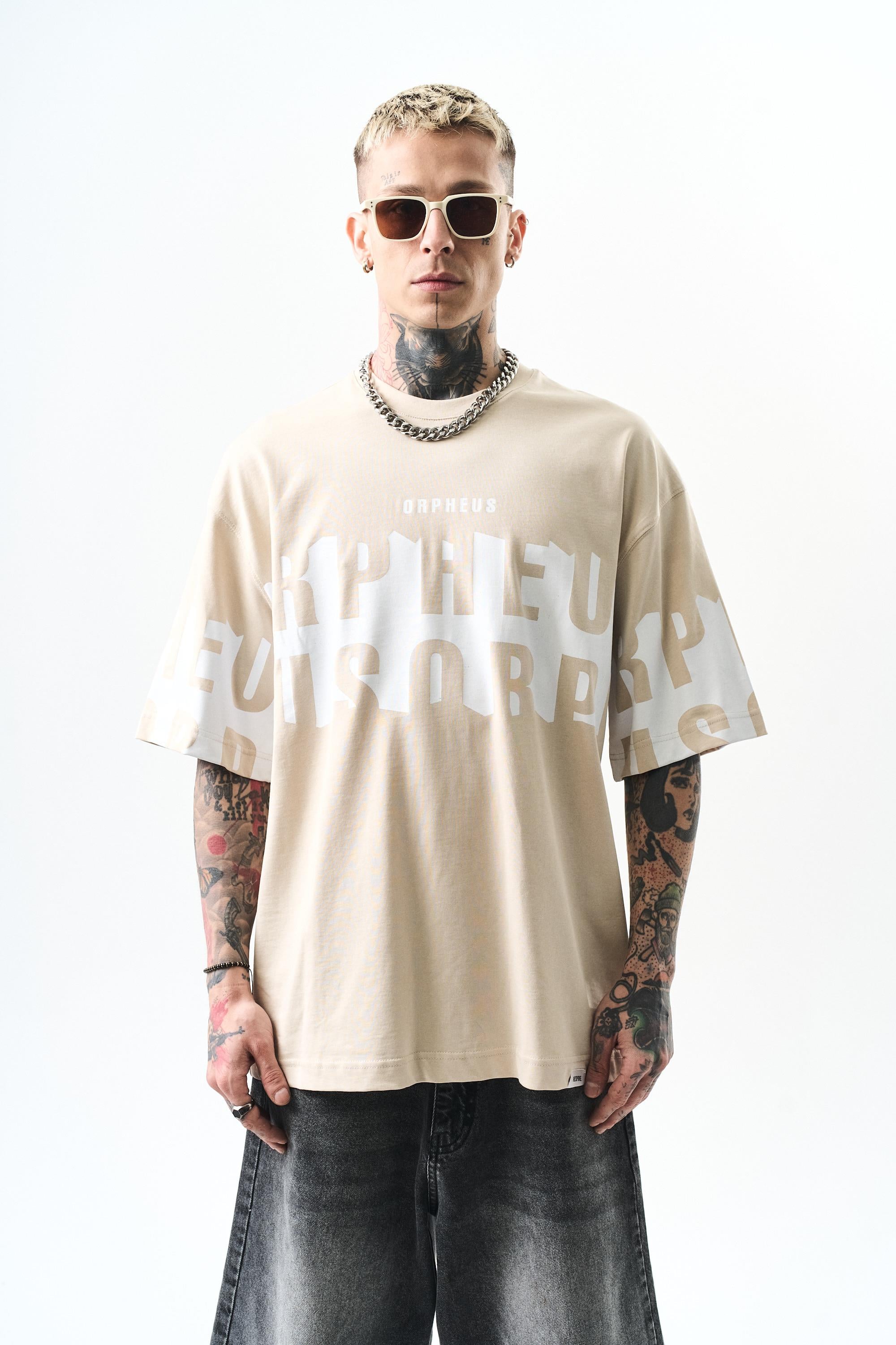 Erkek Orpheus Baskılı Oversize T-Shirt Bej