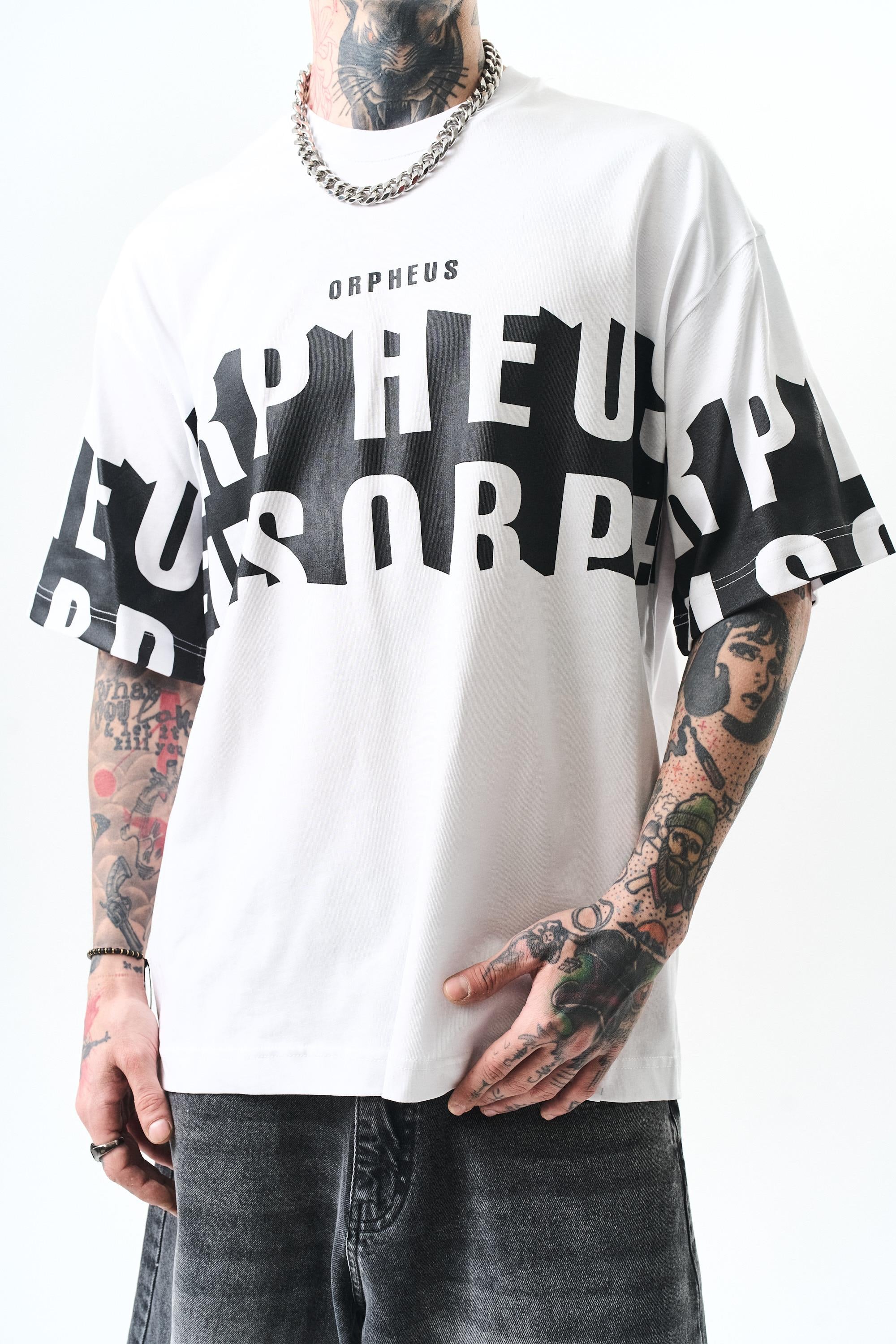 Erkek Orpheus Baskılı Oversize T-Shirt Beyaz