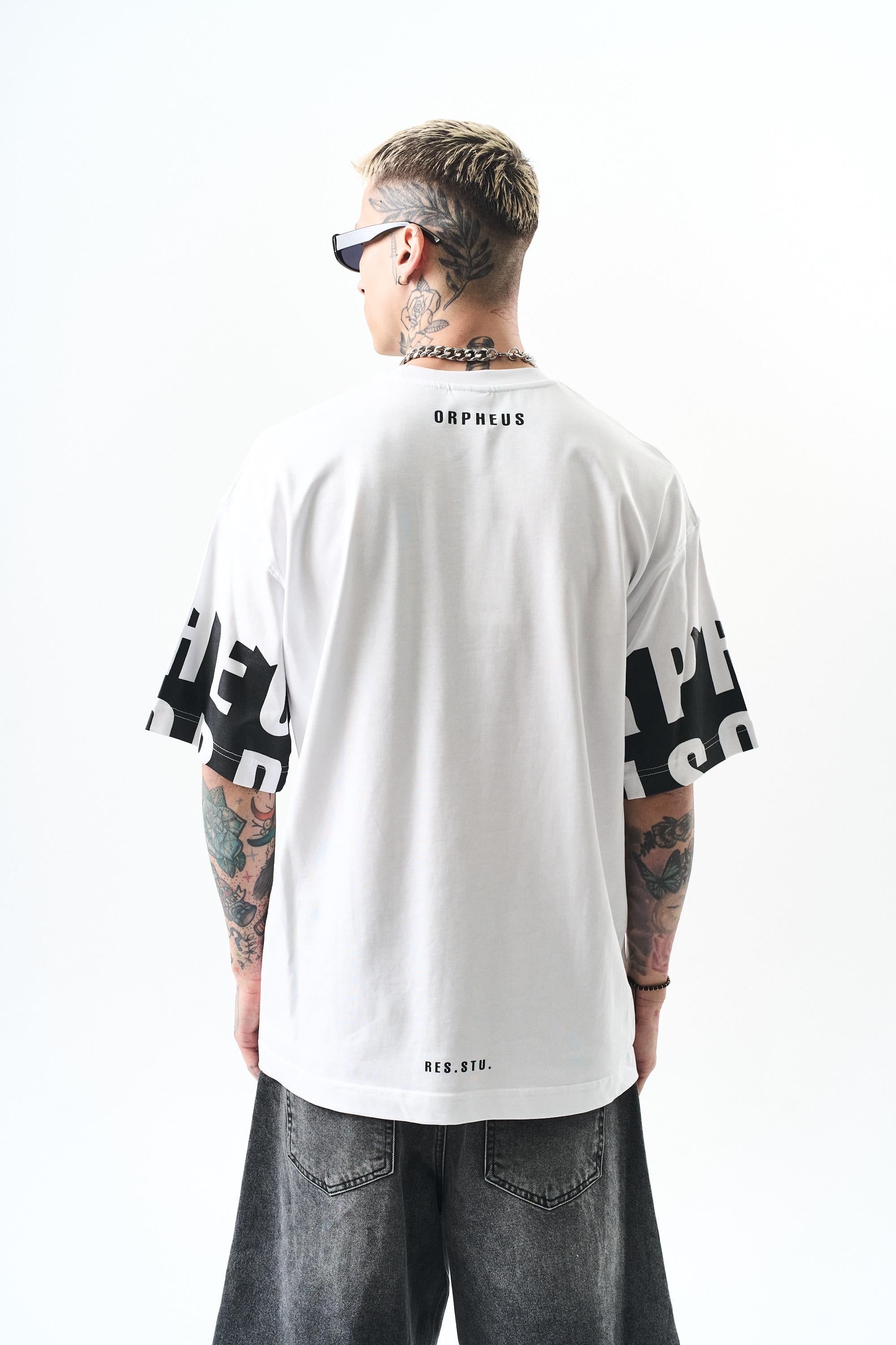 Erkek Orpheus Baskılı Oversize T-Shirt Beyaz