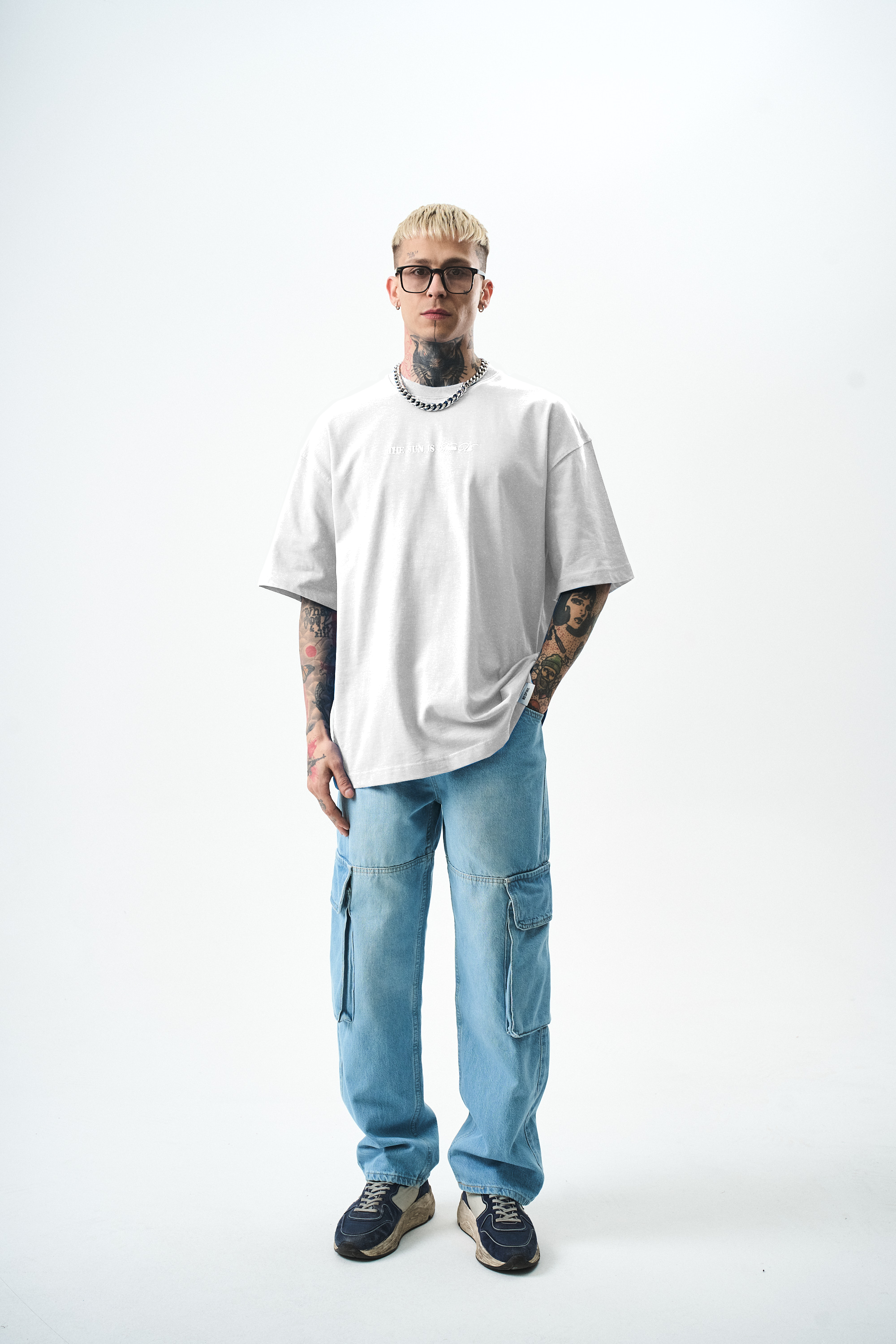 Erkek Palm Baskılı Oversize T-Shirt Beyaz