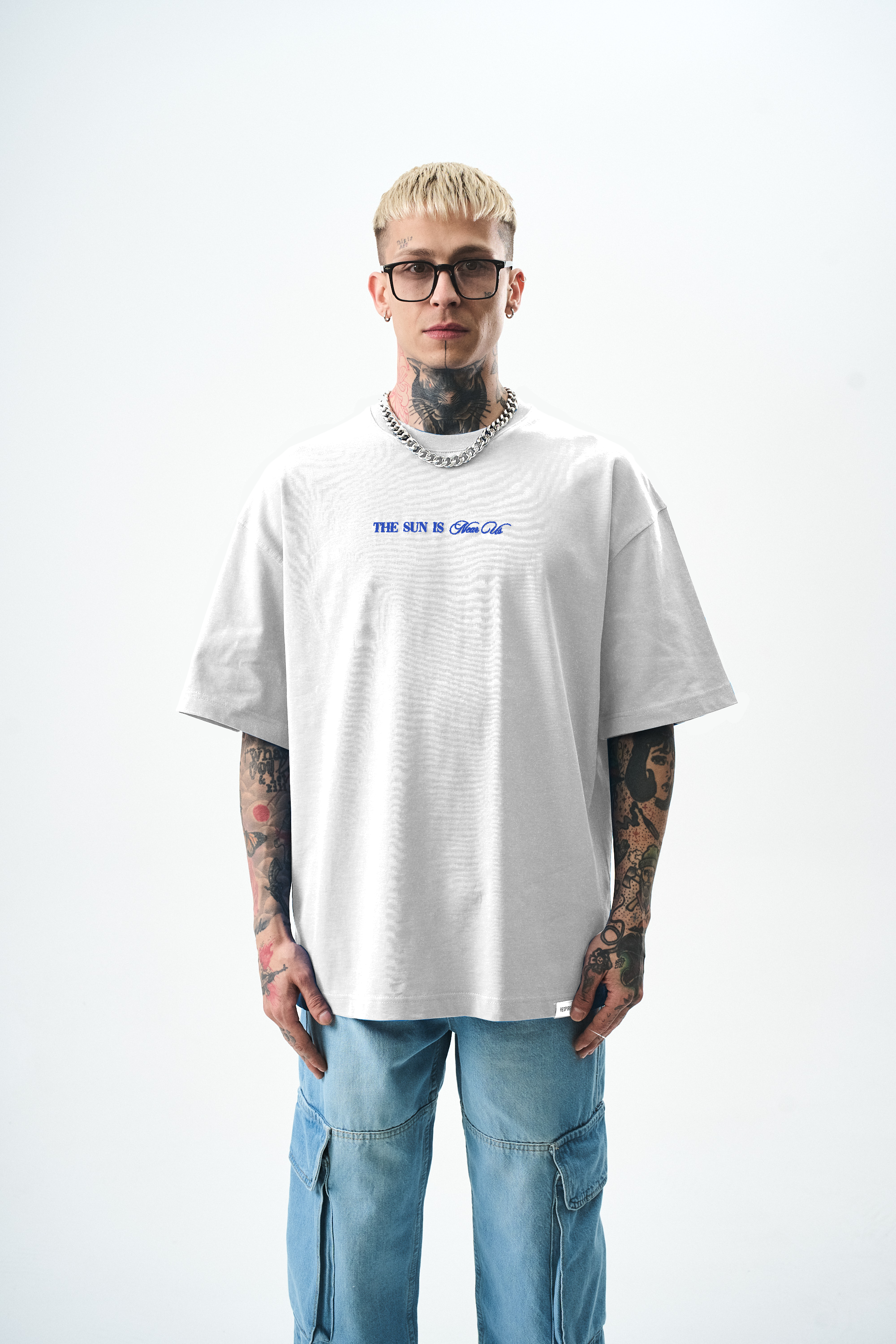 Erkek Palm Baskılı Oversize T-Shirt Beyaz