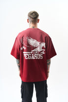 Erkek Pegasus Baskılı Oversize T-Shirt Bordo