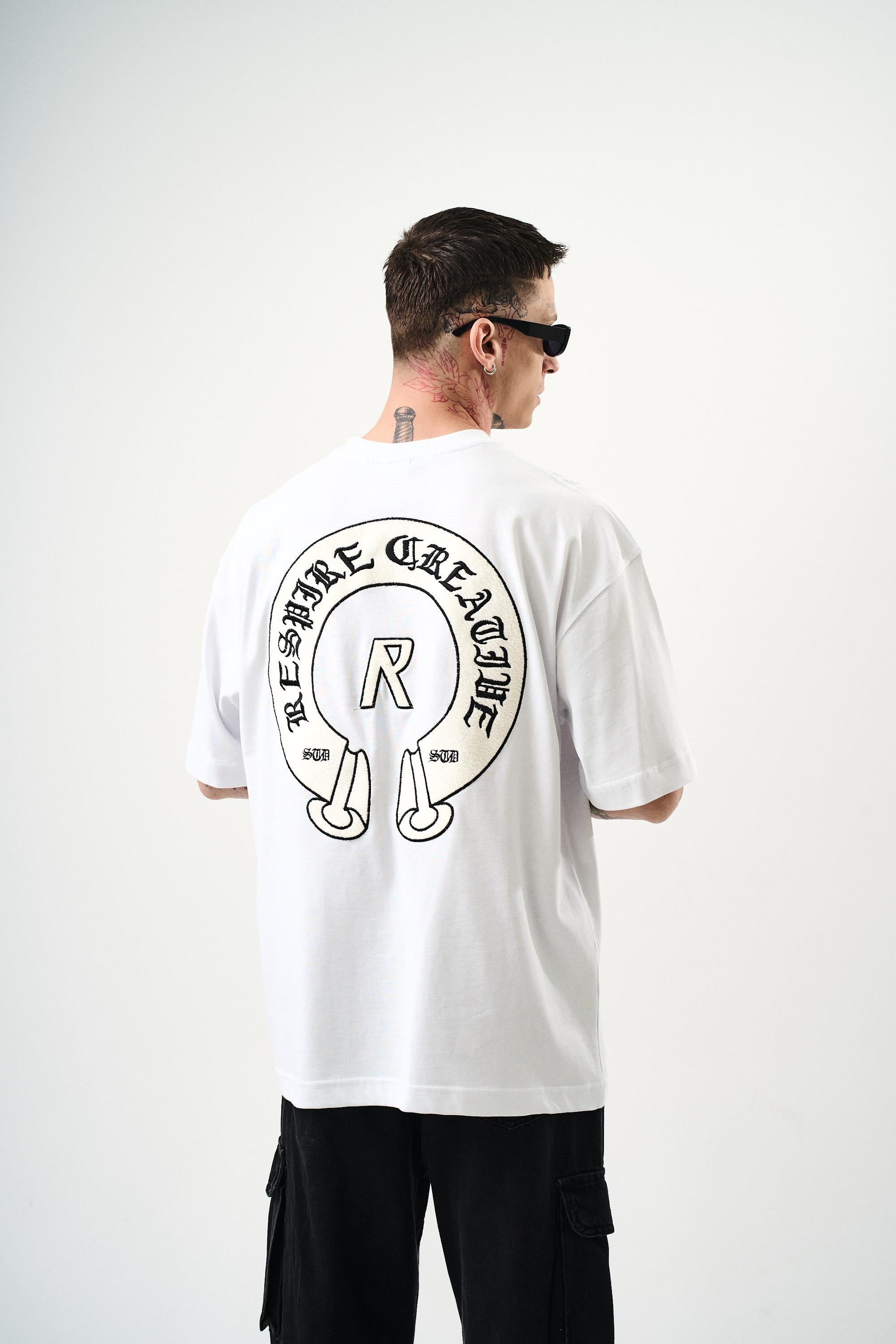 Erkek R Creative Nakışlı Oversize T-Shirt Beyaz - 1