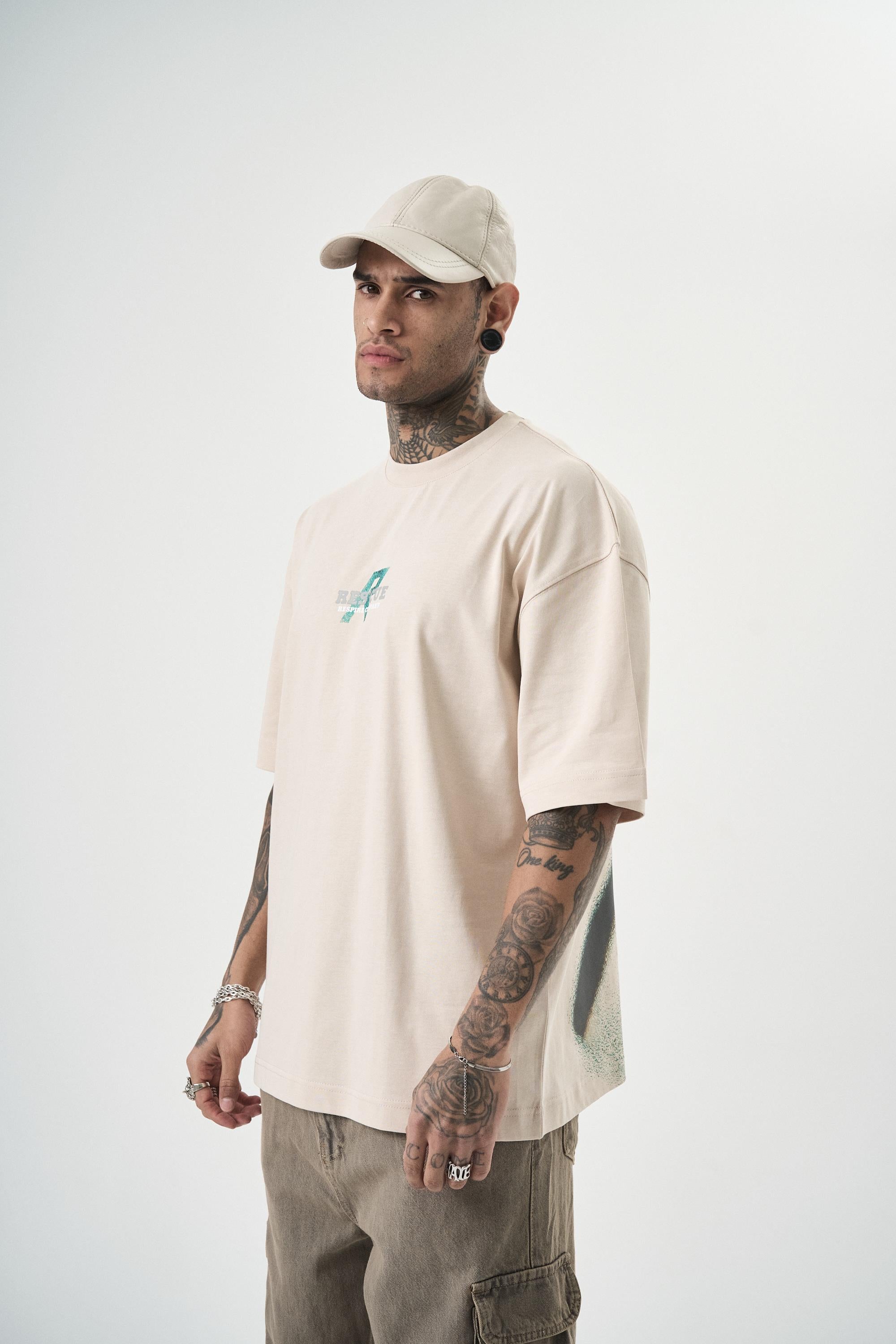 Erkek Res'Cue Baskılı Oversize T-Shirt Bej