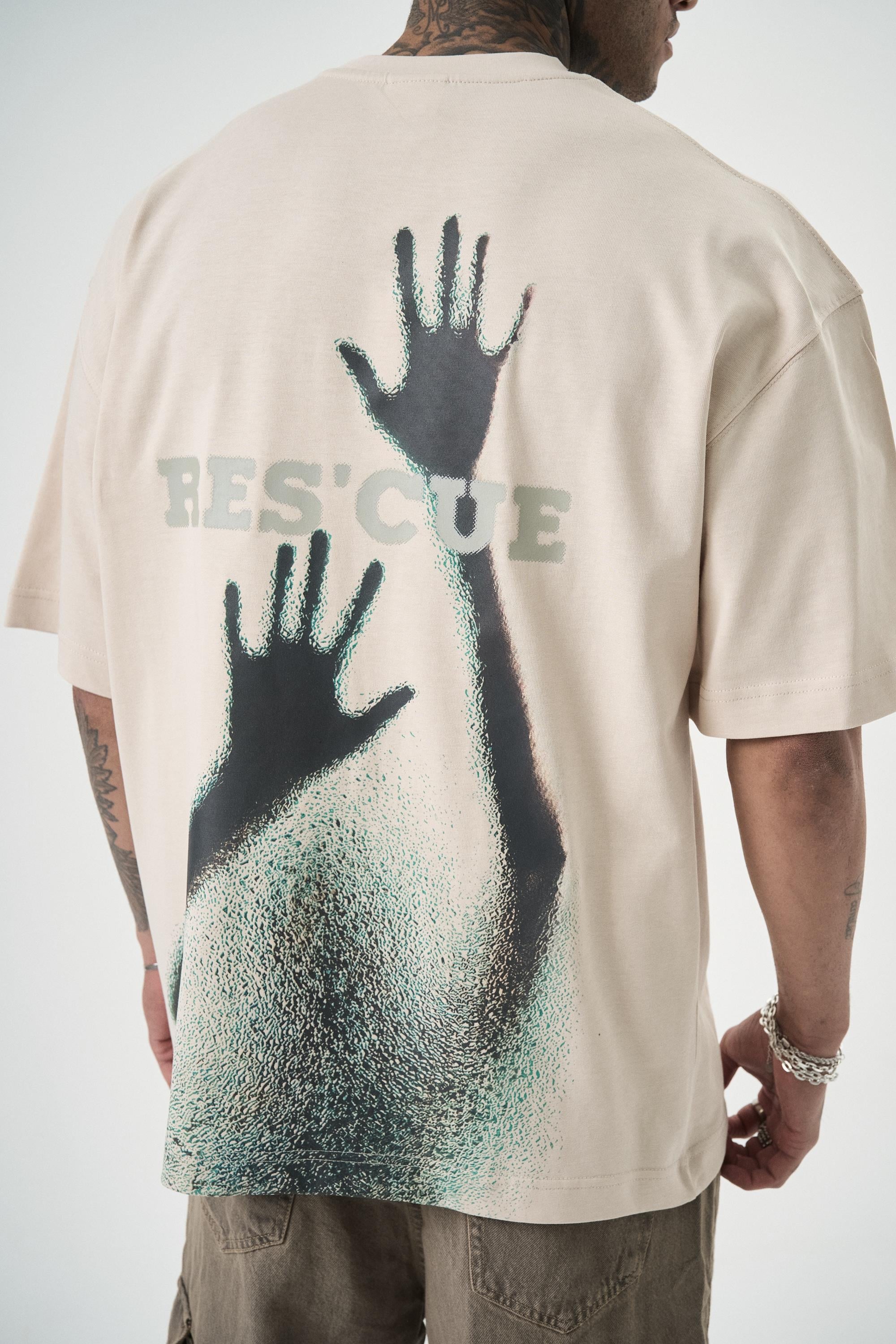 Erkek Res'Cue Baskılı Oversize T-Shirt Bej