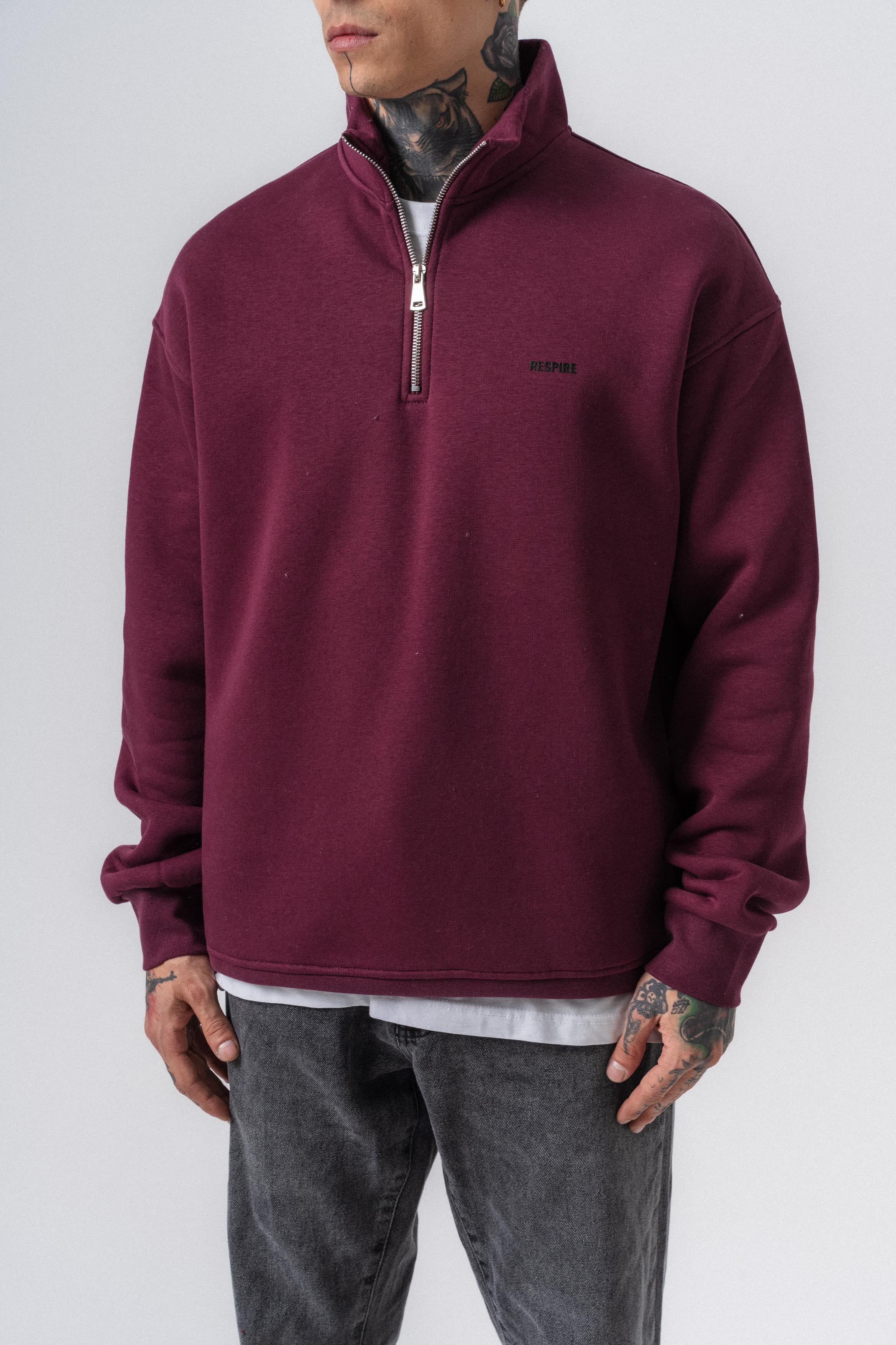Erkek Respire Yazı Detaylı Yarım Fermuarlı Basic Sweatshirt Vişne