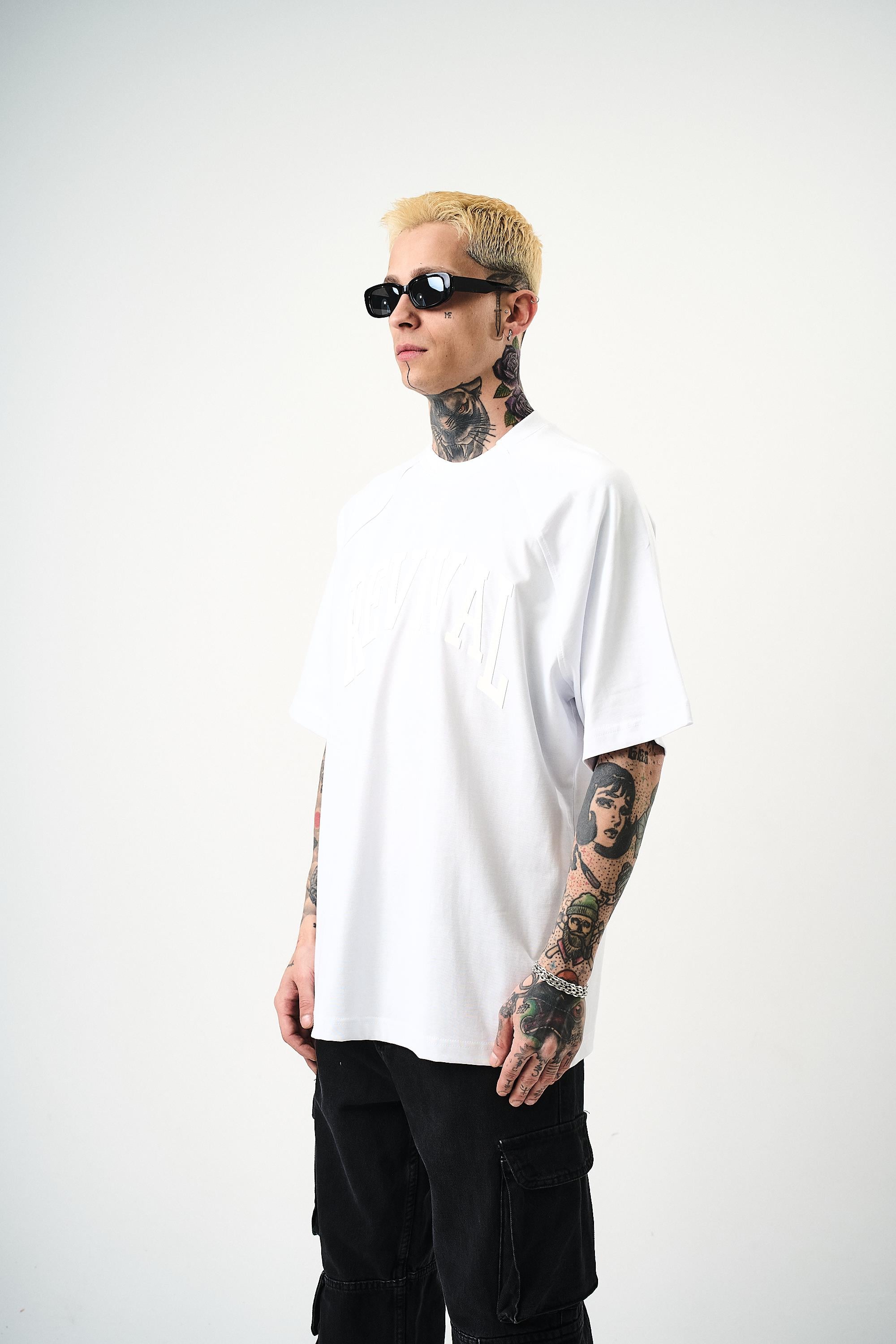 Erkek Revival Baskılı Oversize T-Shirt Beyaz