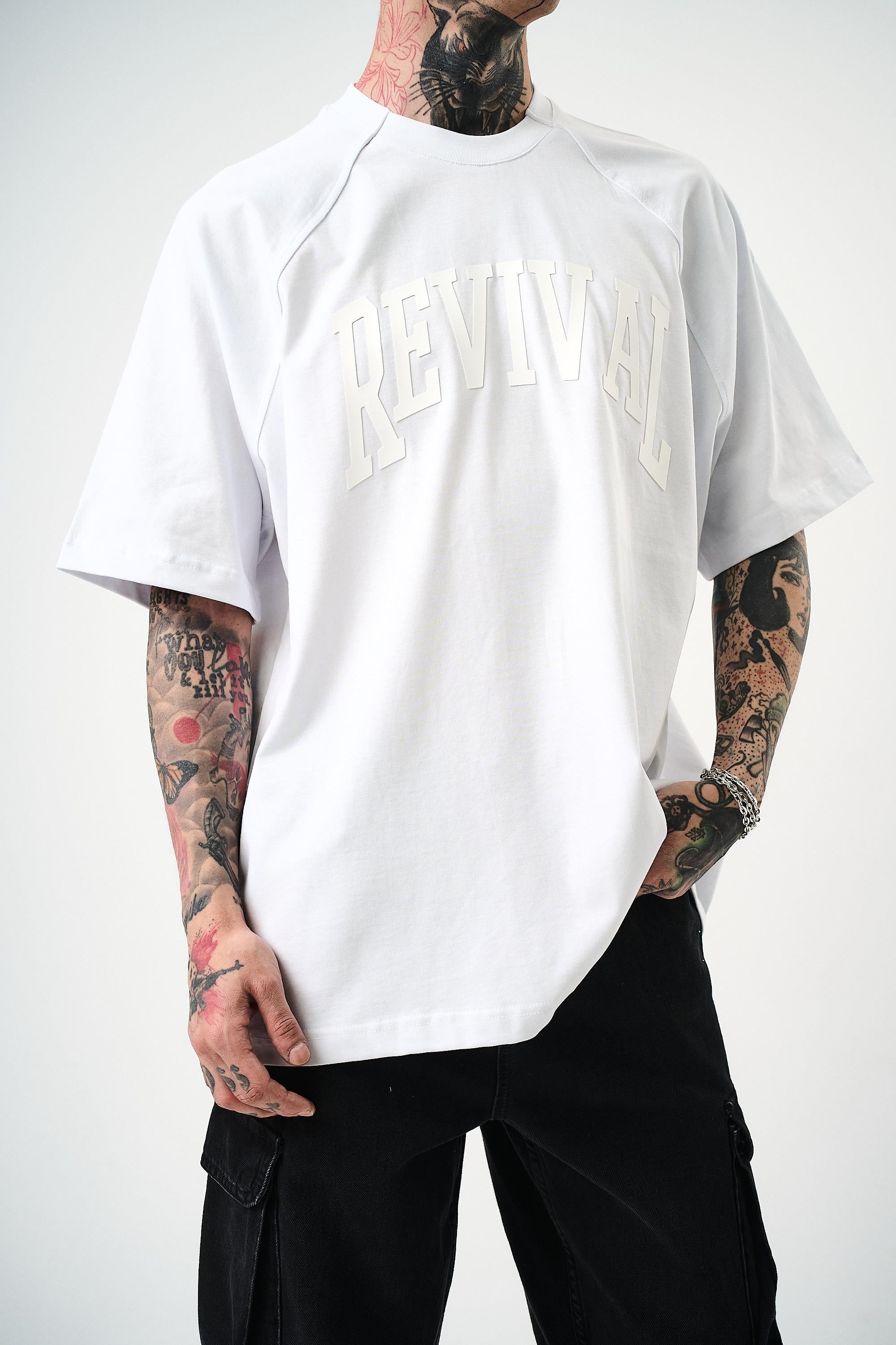 Erkek Revival Baskılı Oversize T-Shirt Beyaz