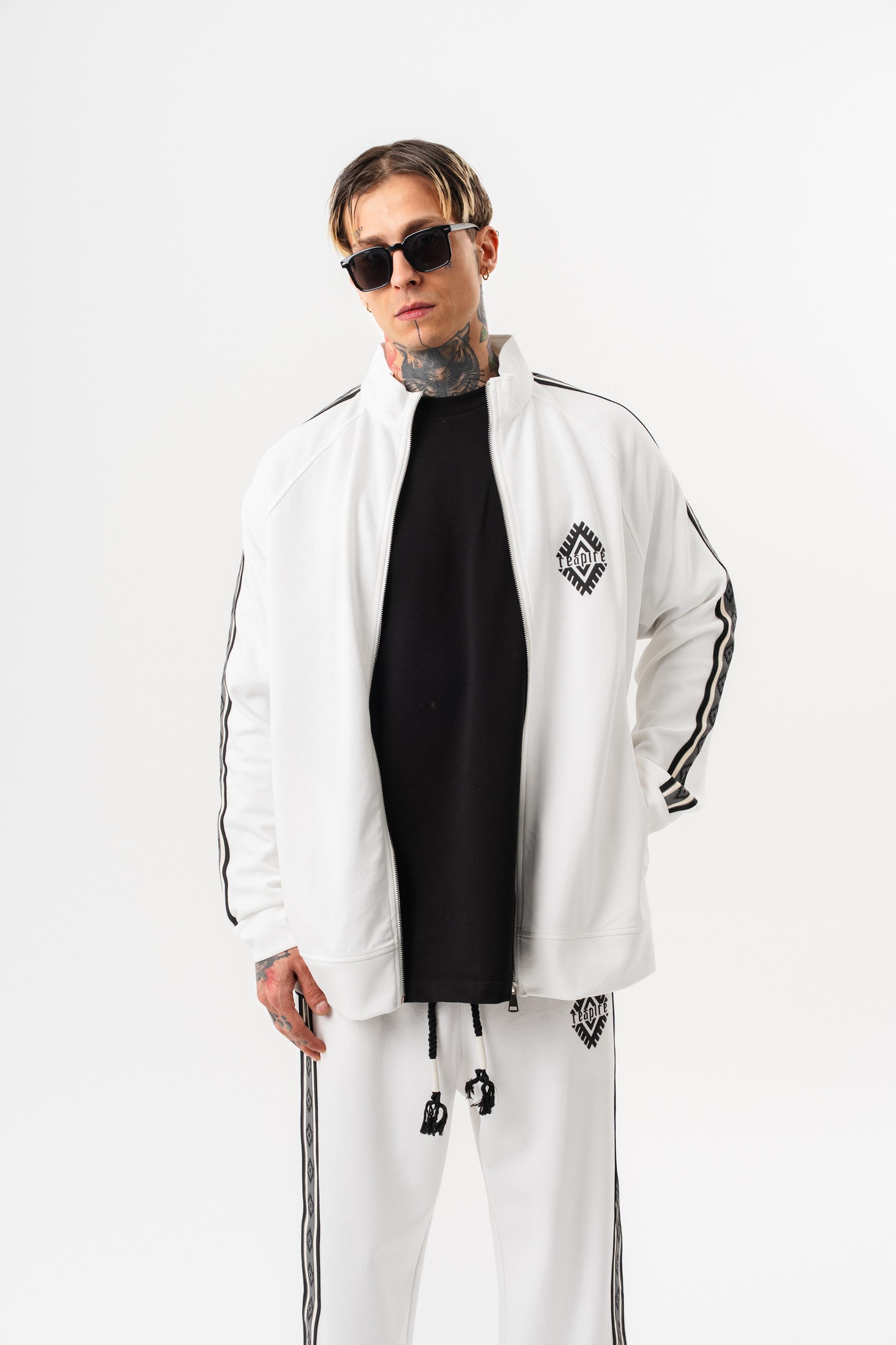Erkek Şerit Detaylı Dik Yaka Doubleface Zip Oversize Sweatshirt Ekru