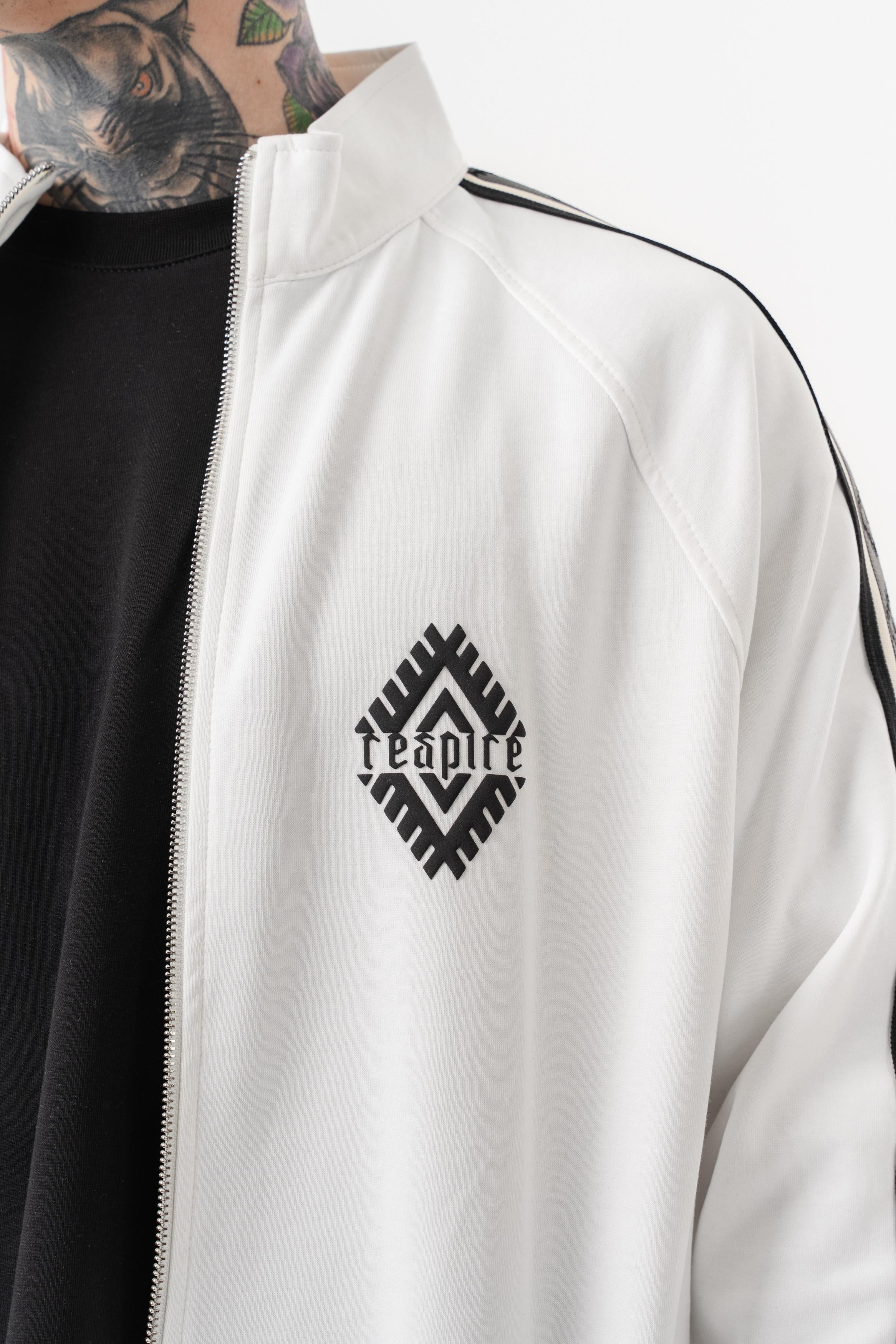 Erkek Şerit Detaylı Dik Yaka Doubleface Zip Oversize Sweatshirt Ekru