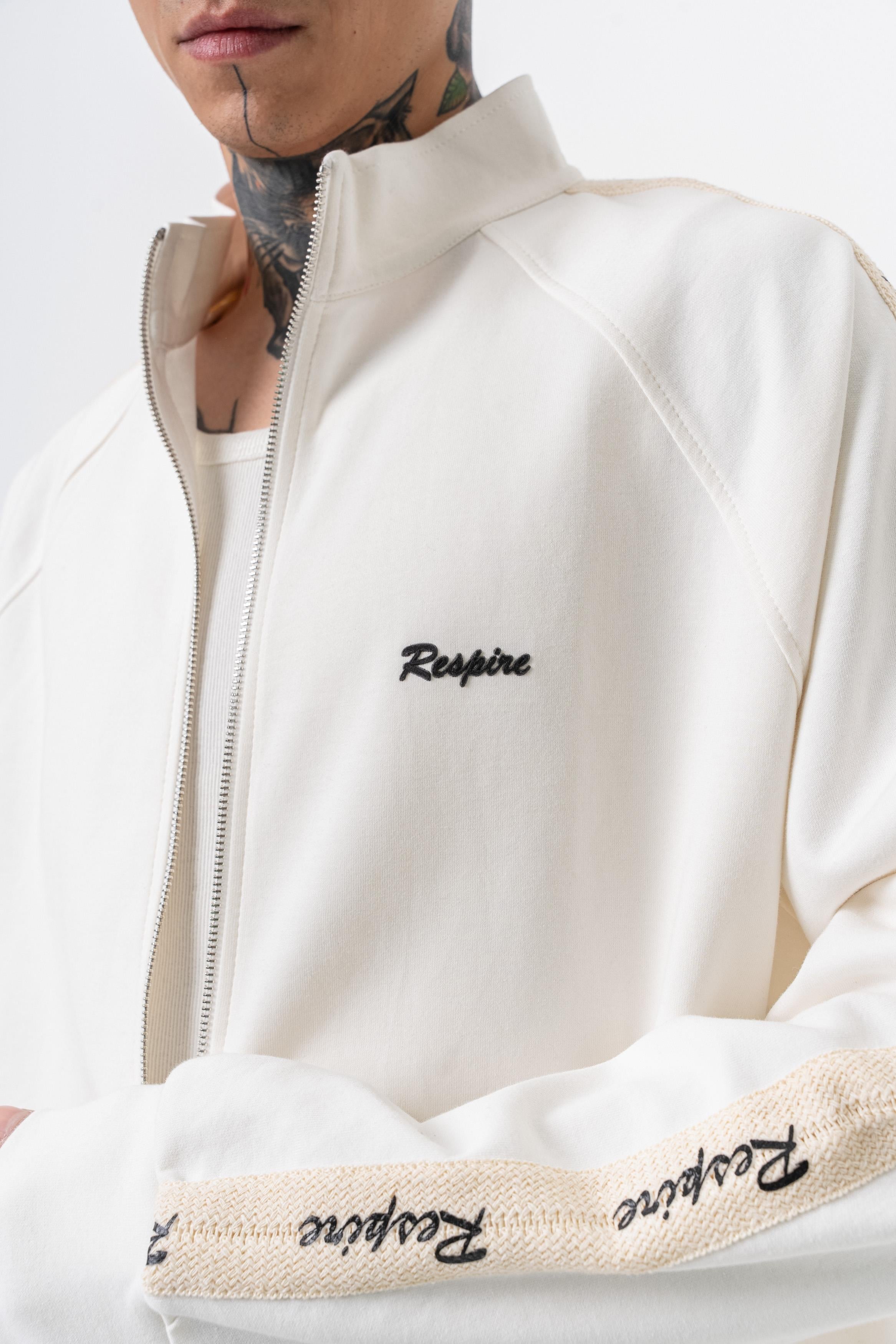 Erkek Respire Şerit Detaylı Dik Yaka Doubleface Zip Oversize Sweatshirt Ekru