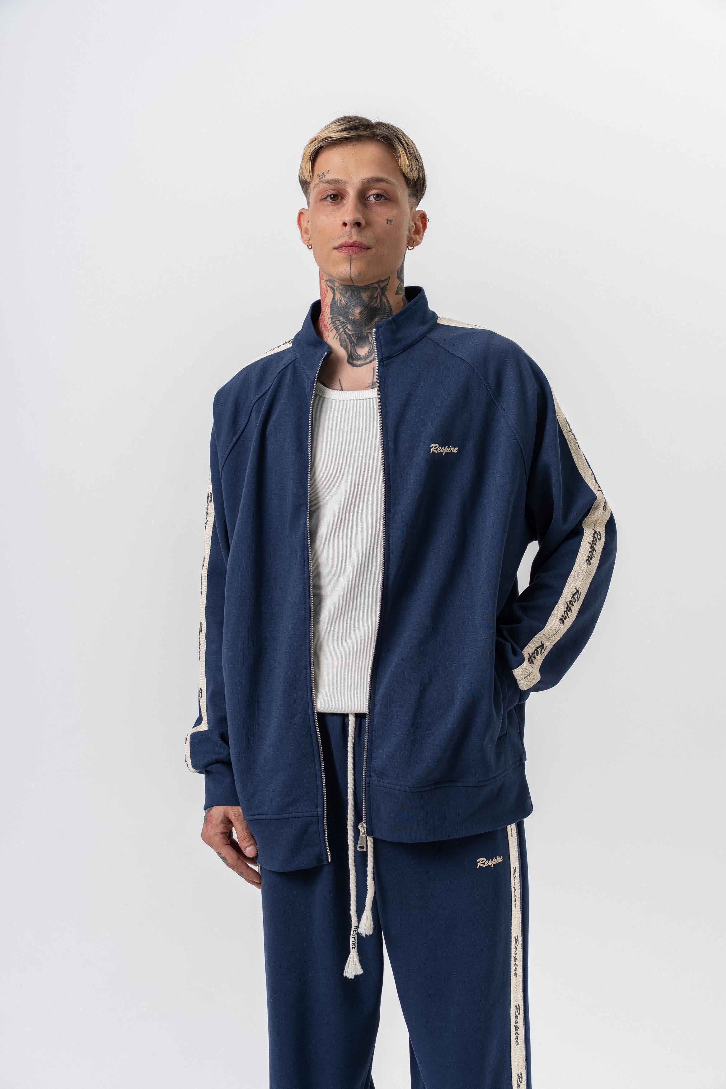 Erkek Respire Şerit Detaylı Dik Yaka Doubleface Zip Oversize Sweatshirt Lacivert