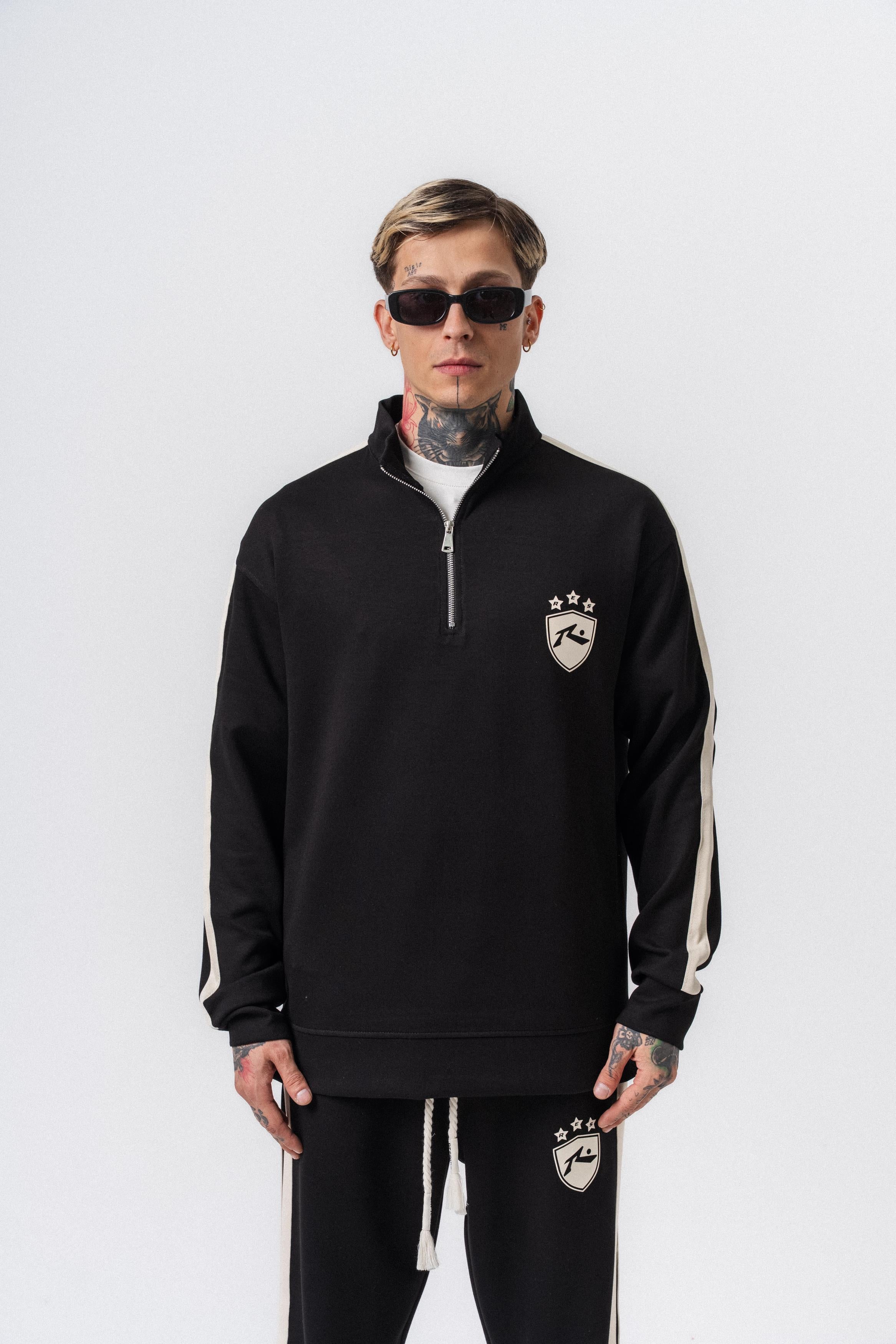 Erkek Şerit Detaylı Yarım Fermuarlı Modal Sweatshirt Siyah