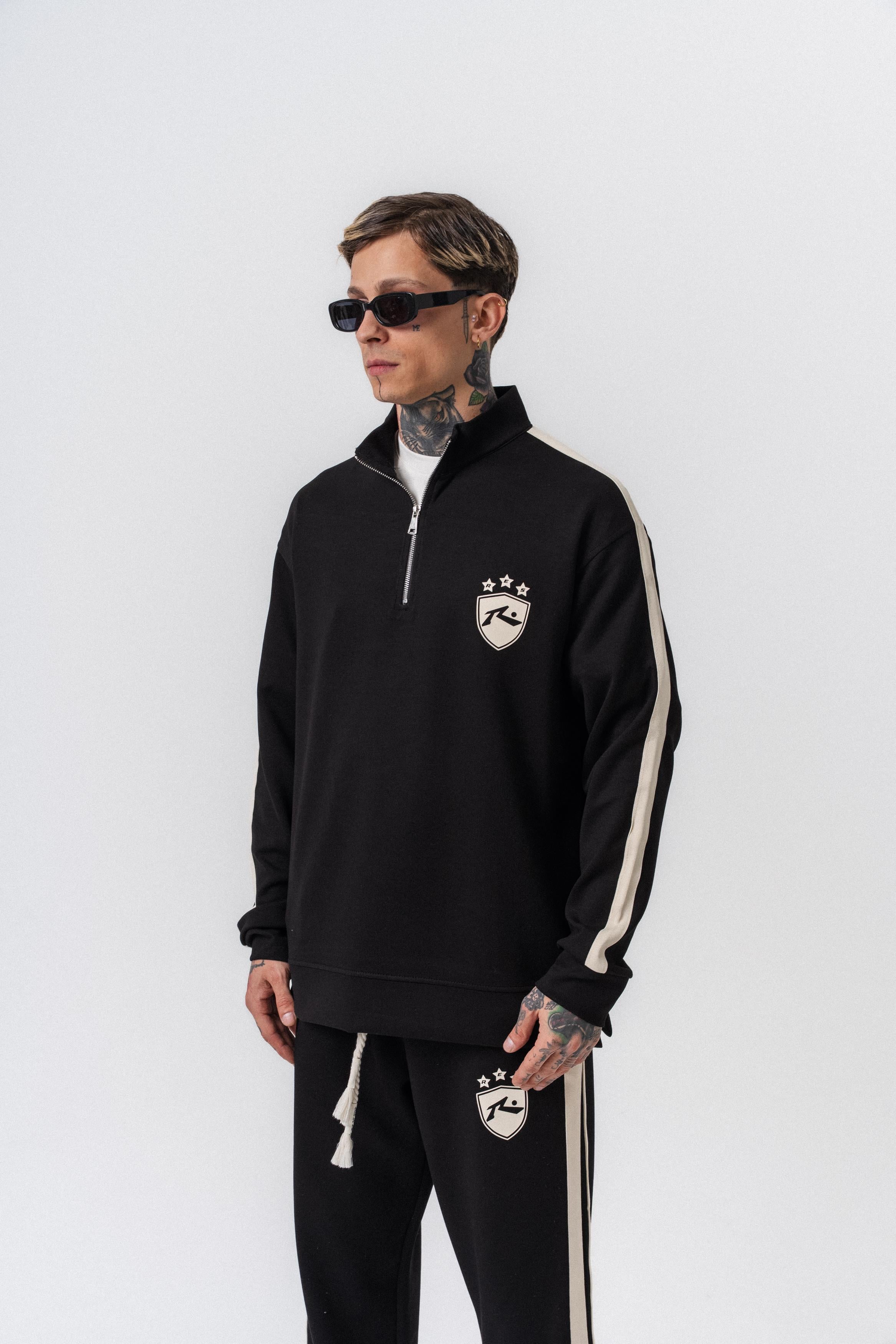 Erkek Şerit Detaylı Yarım Fermuarlı Modal Sweatshirt Siyah
