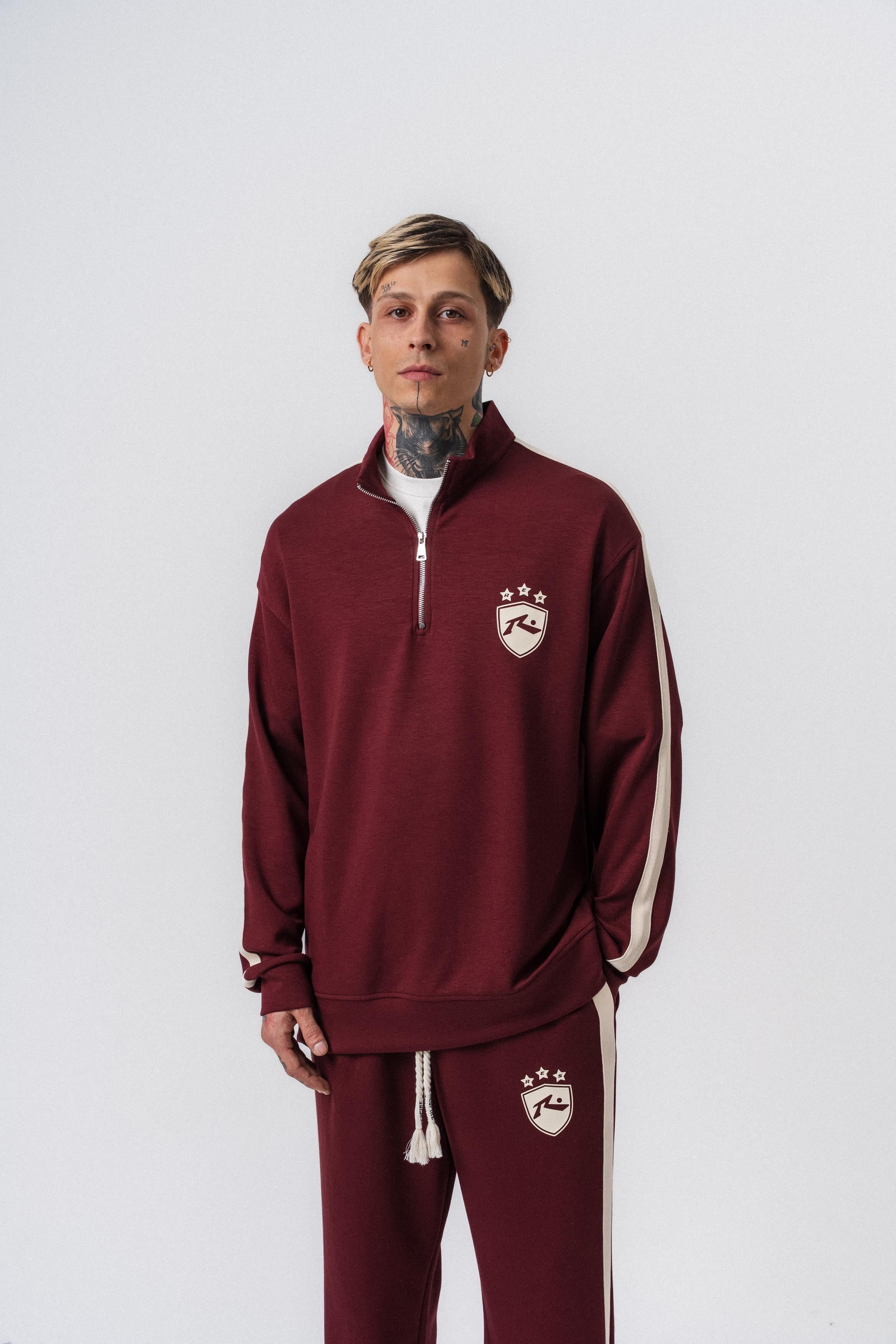 Erkek Şerit Detaylı Yarım Fermuarlı Modal Sweatshirt Vişne