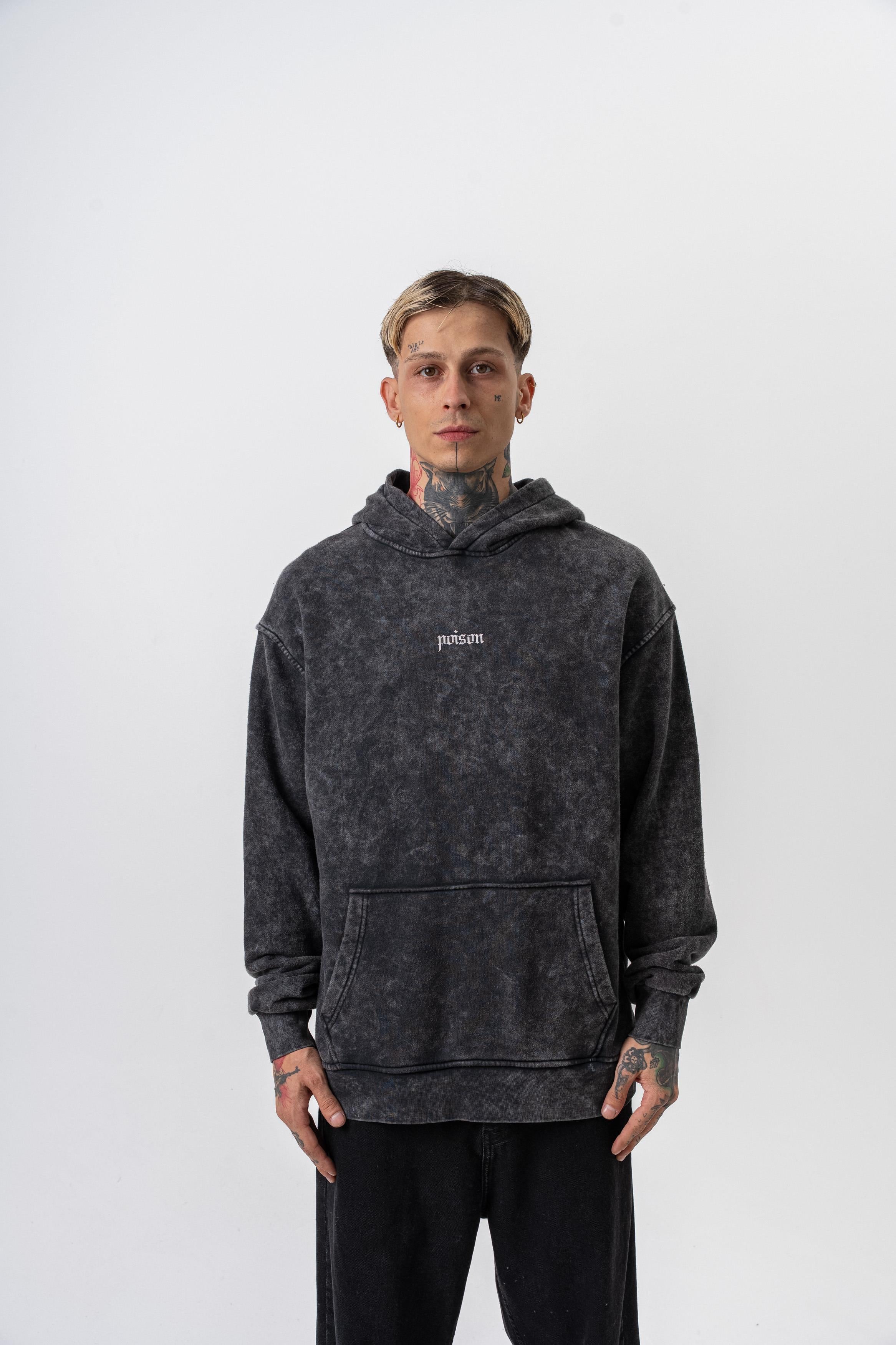 Erkek Snake Baskılı Yıkamalı Kapüşonlu Oversize Hoodie Siyah