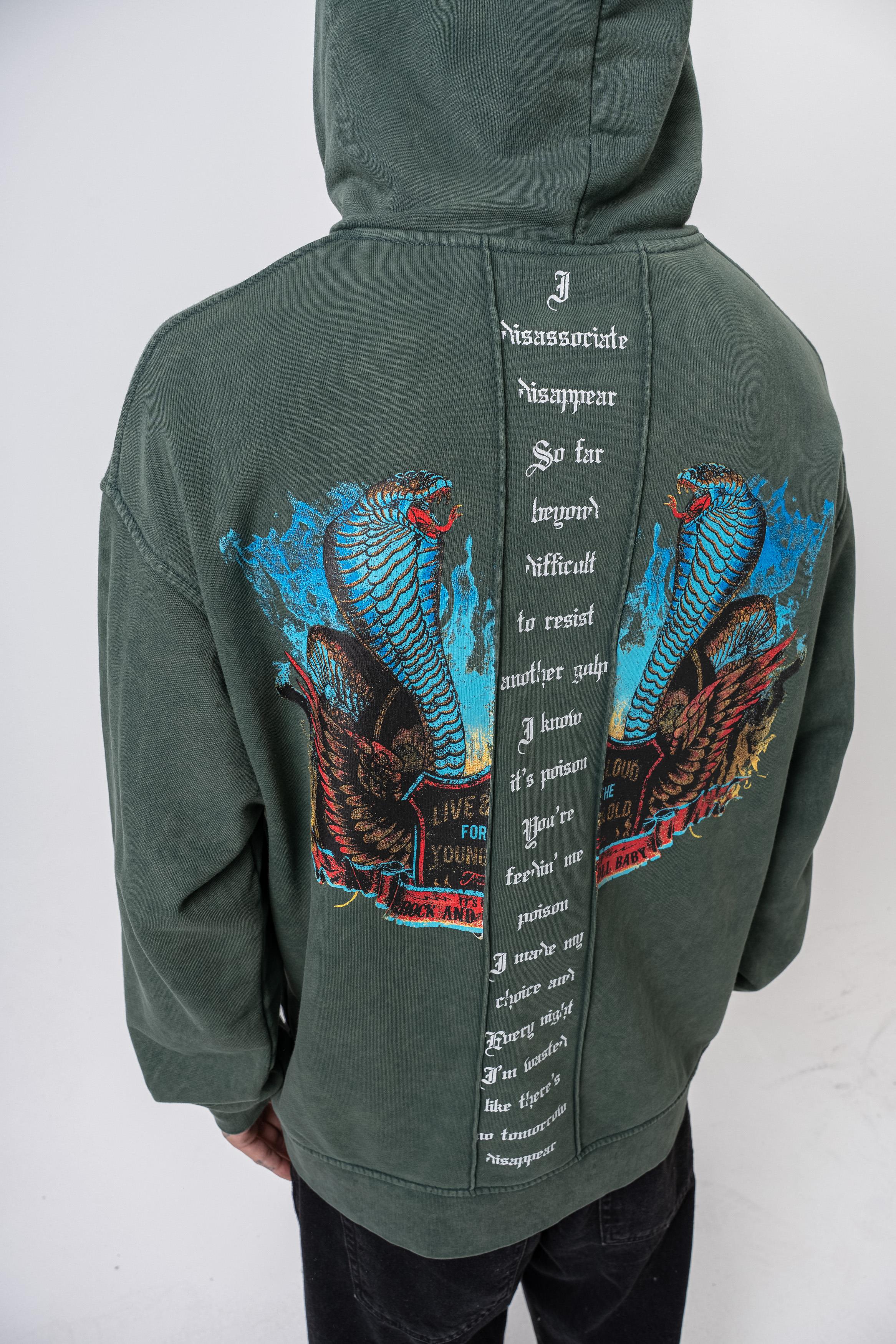 Erkek Snake Baskılı Yıkamalı Kapüşonlu Oversize Hoodie Yeşil
