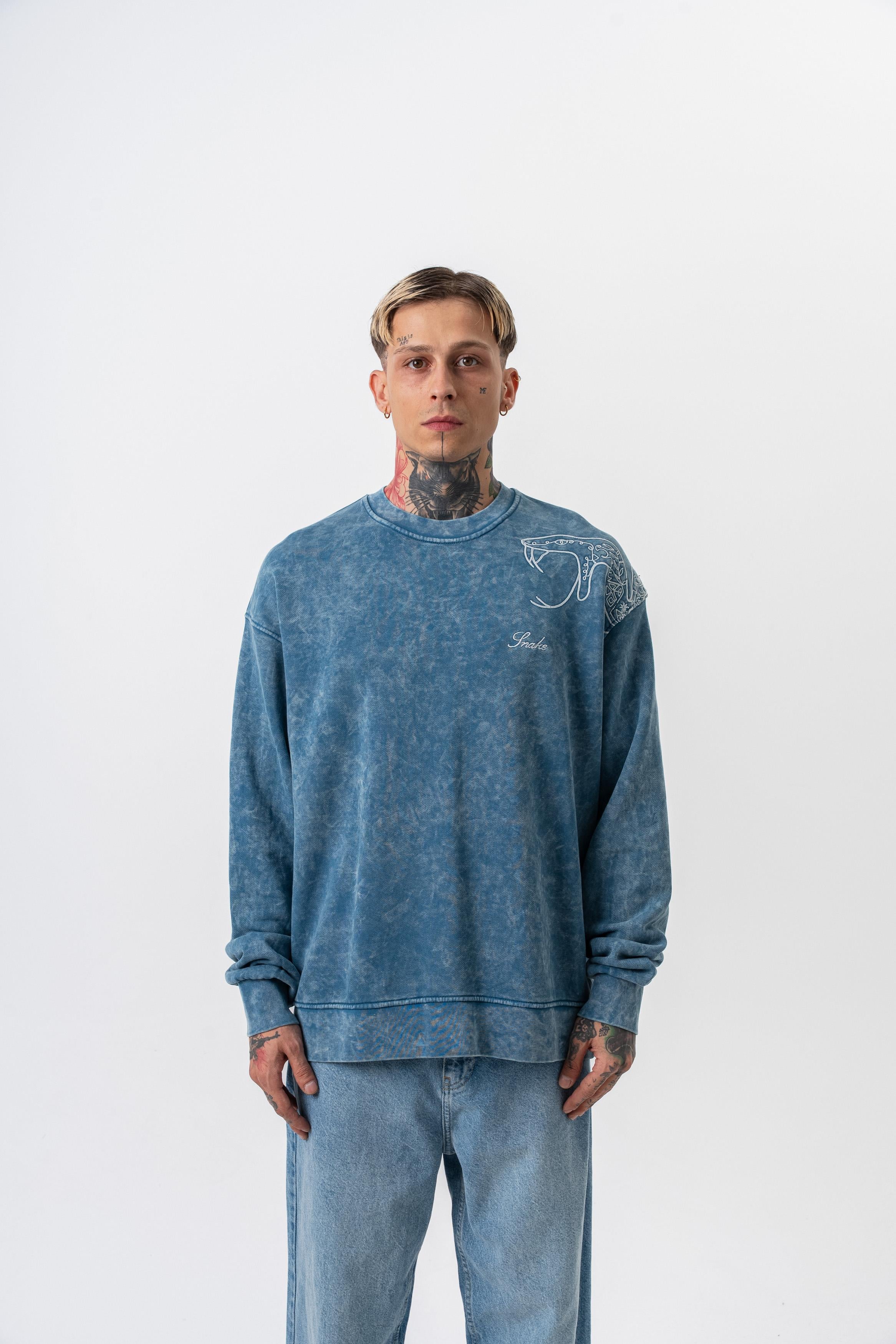 Snake Nakışlı Yıkamalı Bisiklet Yaka Oversize Sweatshirt - Petrol - 0