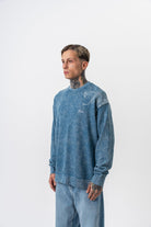 Snake Nakışlı Yıkamalı Bisiklet Yaka Oversize Sweatshirt - Petrol - 2