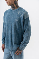 Snake Nakışlı Yıkamalı Bisiklet Yaka Oversize Sweatshirt - Petrol - 4