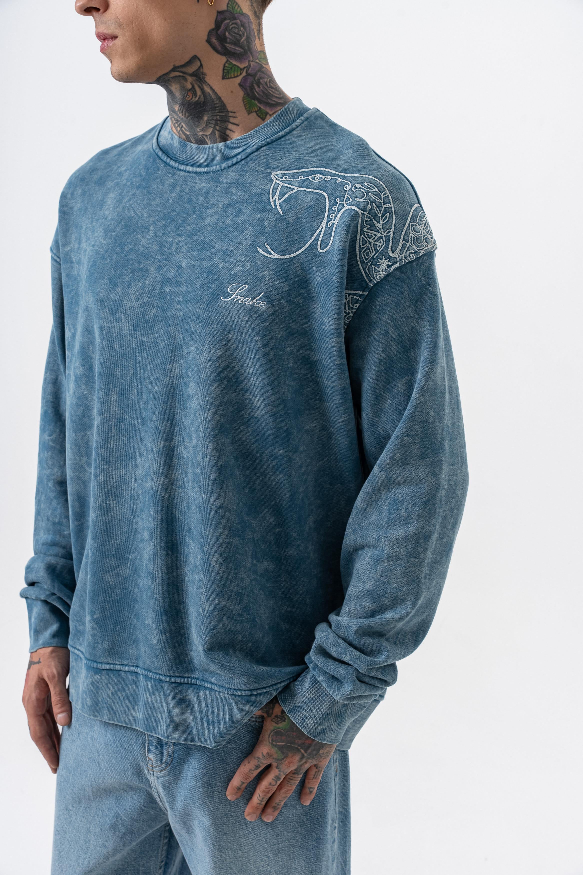 Snake Nakışlı Yıkamalı Bisiklet Yaka Oversize Sweatshirt - Petrol - 4