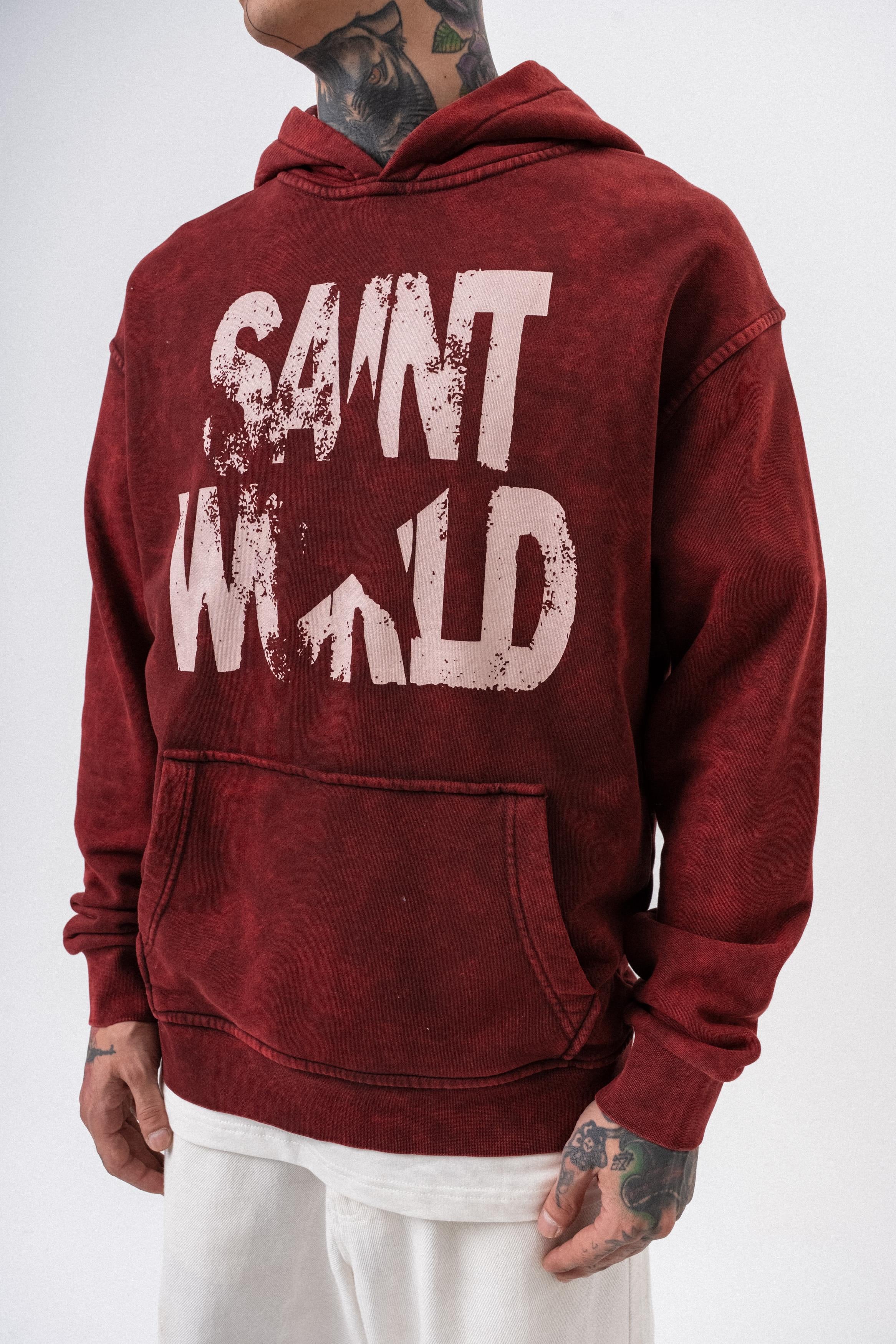 Erkek Star Baskılı Yıkamalı Kapüşonlu Oversize Hoodie Bordo - 4