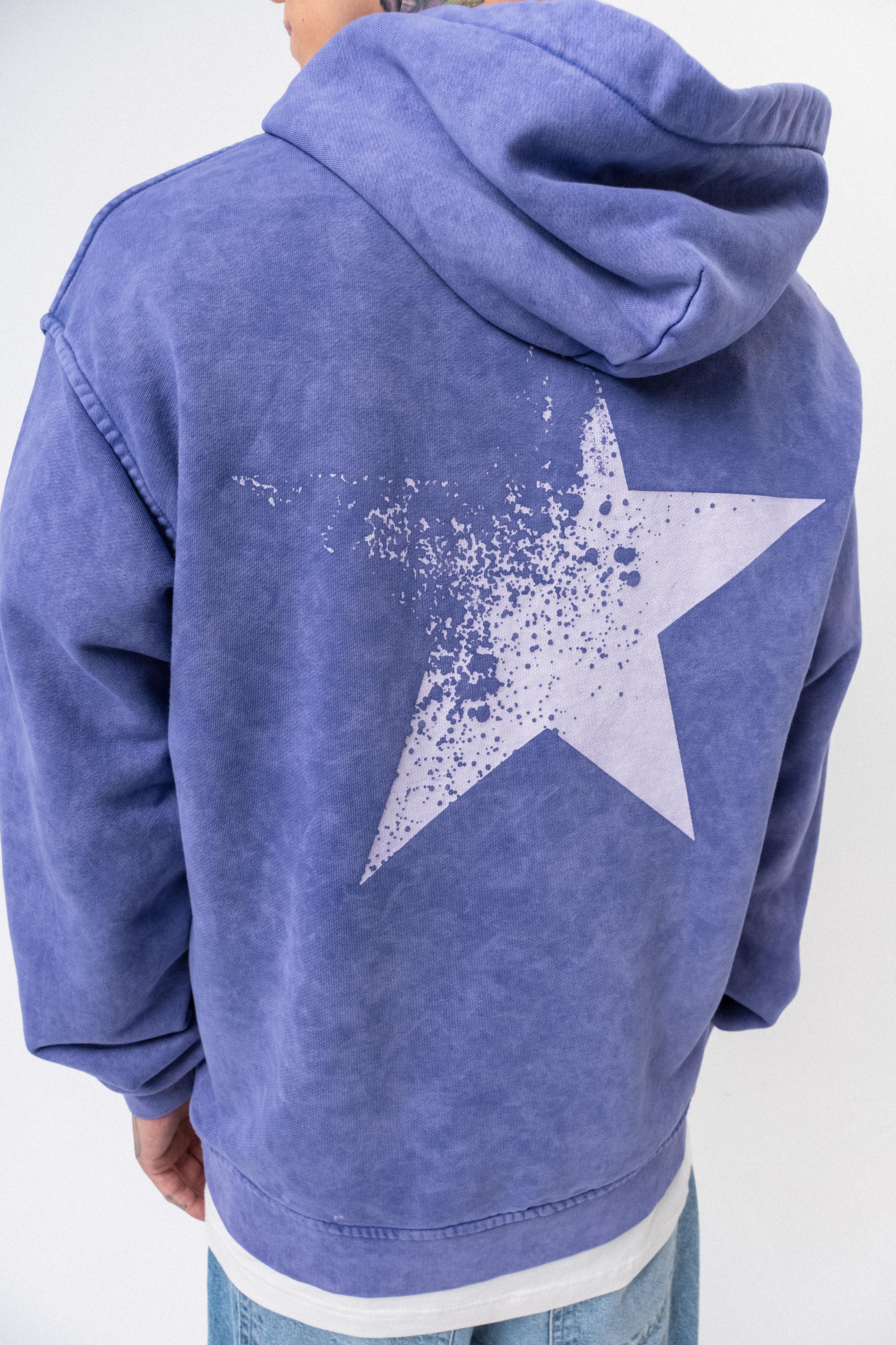 Erkek Star Baskılı Yıkamalı Kapüşonlu Oversize Hoodie Mor - 4