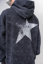 Erkek Star Baskılı Yıkamalı Kapüşonlu Oversize Hoodie Siyah - 4