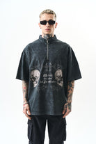 Erkek Still Alive Baskılı Yarım Fermuarlı Yıkamalı Oversize T-Shirt Siyah
