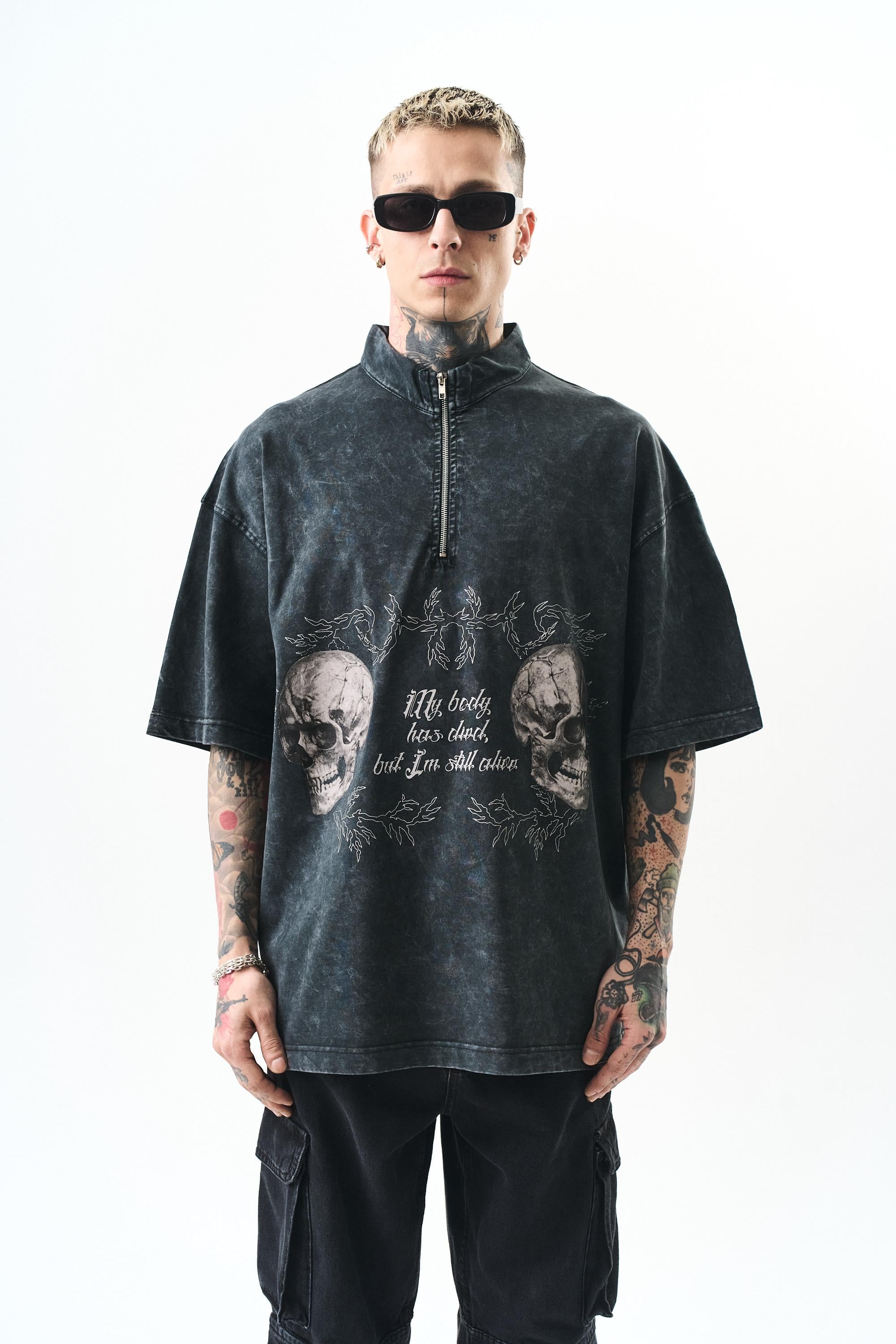 Erkek Still Alive Baskılı Yarım Fermuarlı Yıkamalı Oversize T-Shirt Siyah