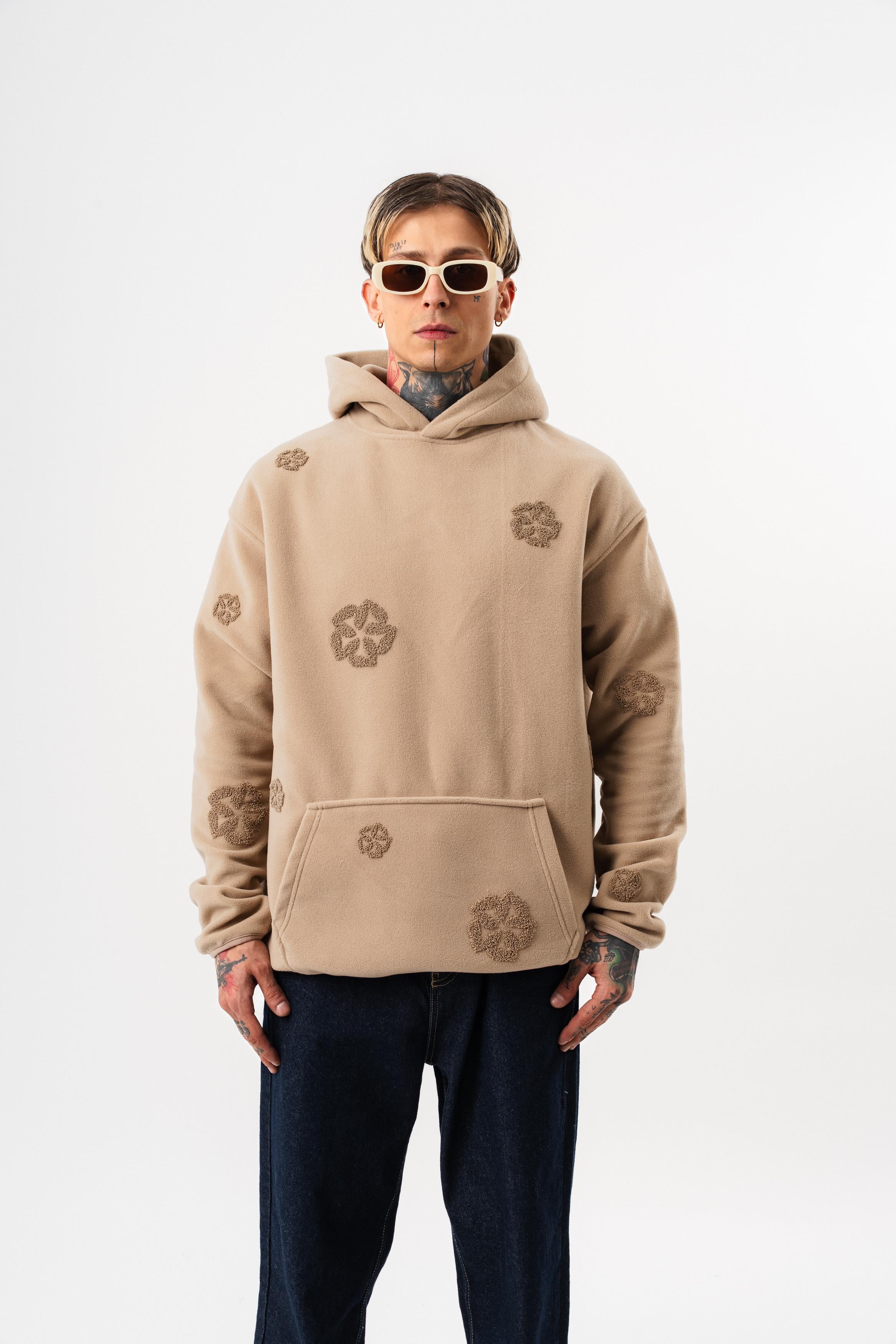 Erkek Süzene Nakış Detaylı Kapüşonlu Oversize Polar Hoodie Bej