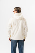 Erkek Süzene Nakış Detaylı Kapüşonlu Oversize Polar Hoodie Ekru
