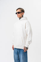 Erkek Süzene Nakış Detaylı Kapüşonlu Oversize Hoodie Ekru