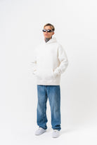 Erkek Süzene Nakış Detaylı Kapüşonlu Oversize Hoodie Ekru