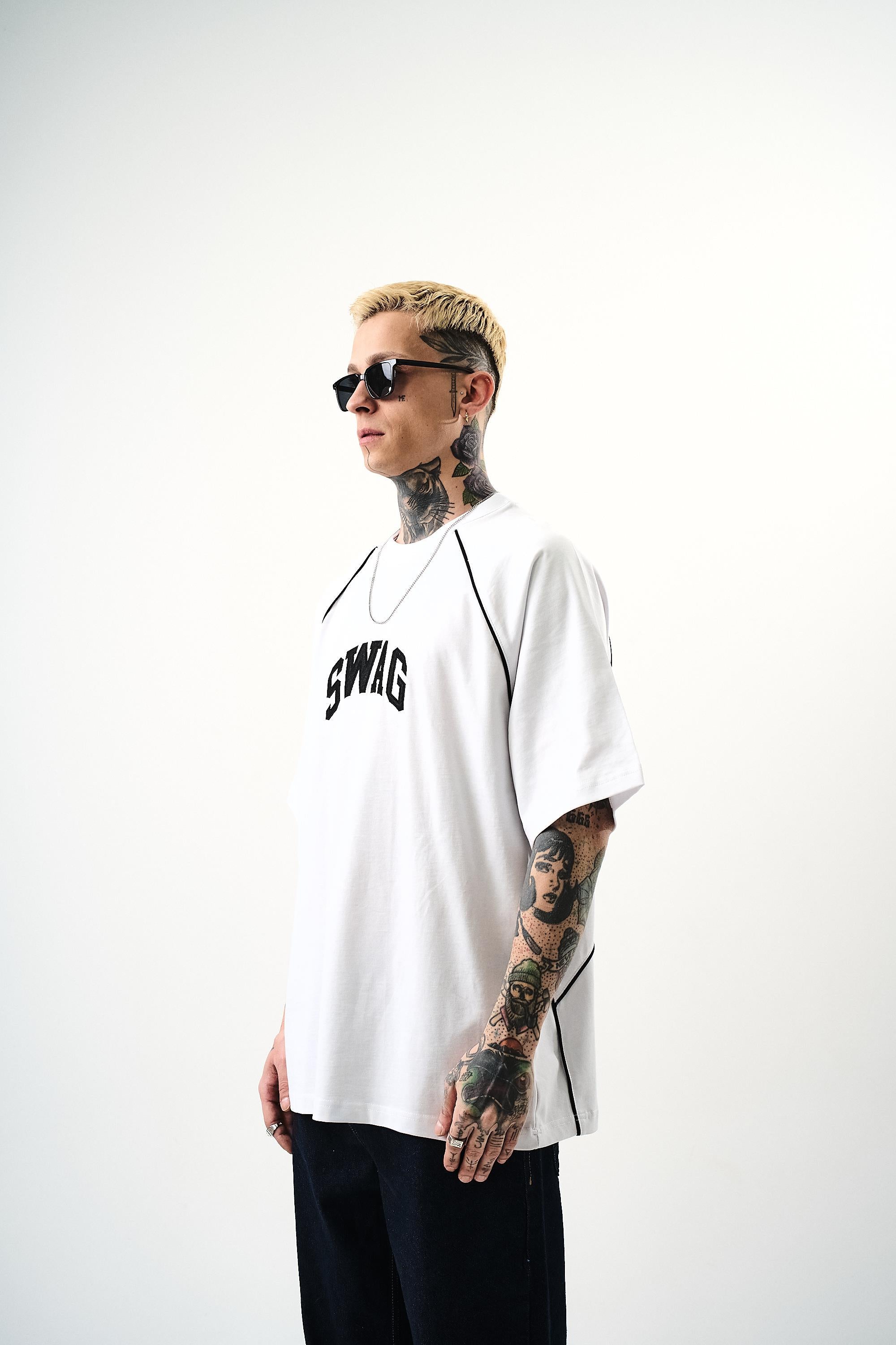 Erkek Swag Nakışlı Oversize T-Shirt Beyaz - 2