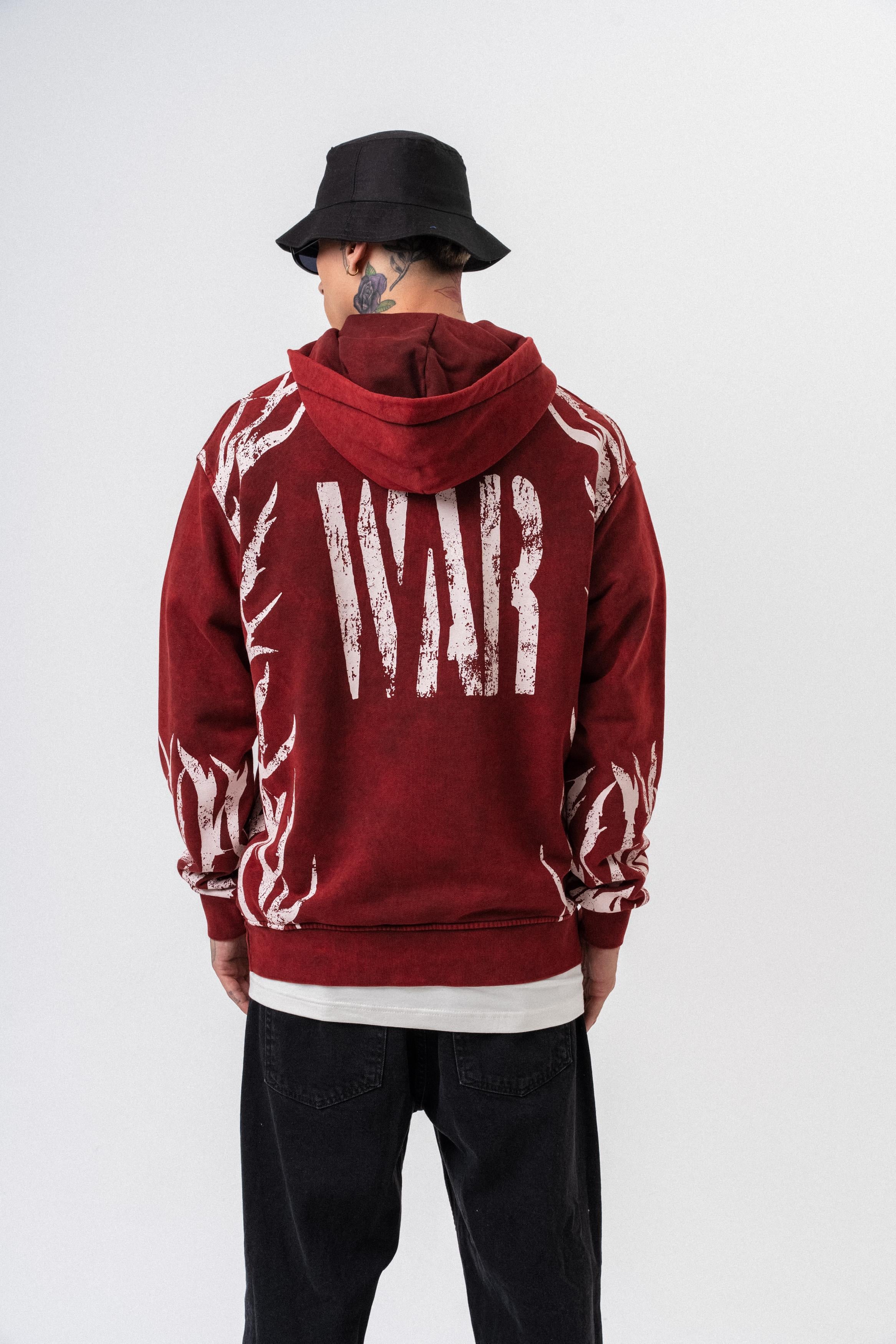 Erkek War Baskılı Yıkamalı Kapüşonlu Oversize Hoodie Bordo - 1