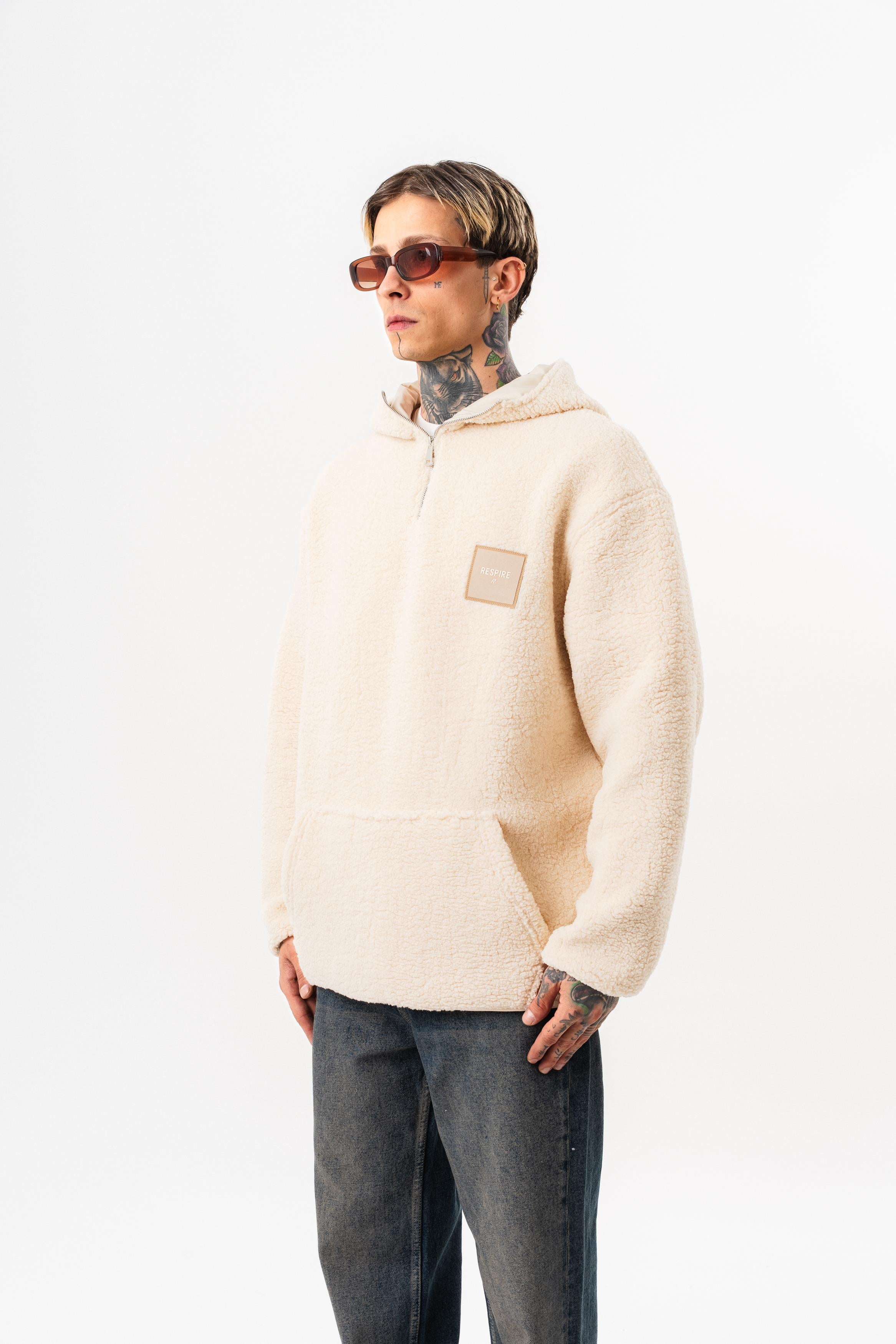 Erkek Yarım Fermuarlı Kapüşonlu Oversize Peluş Hoodie Ekru
