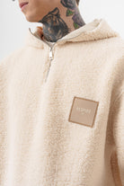 Erkek Yarım Fermuarlı Kapüşonlu Oversize Peluş Hoodie Ekru