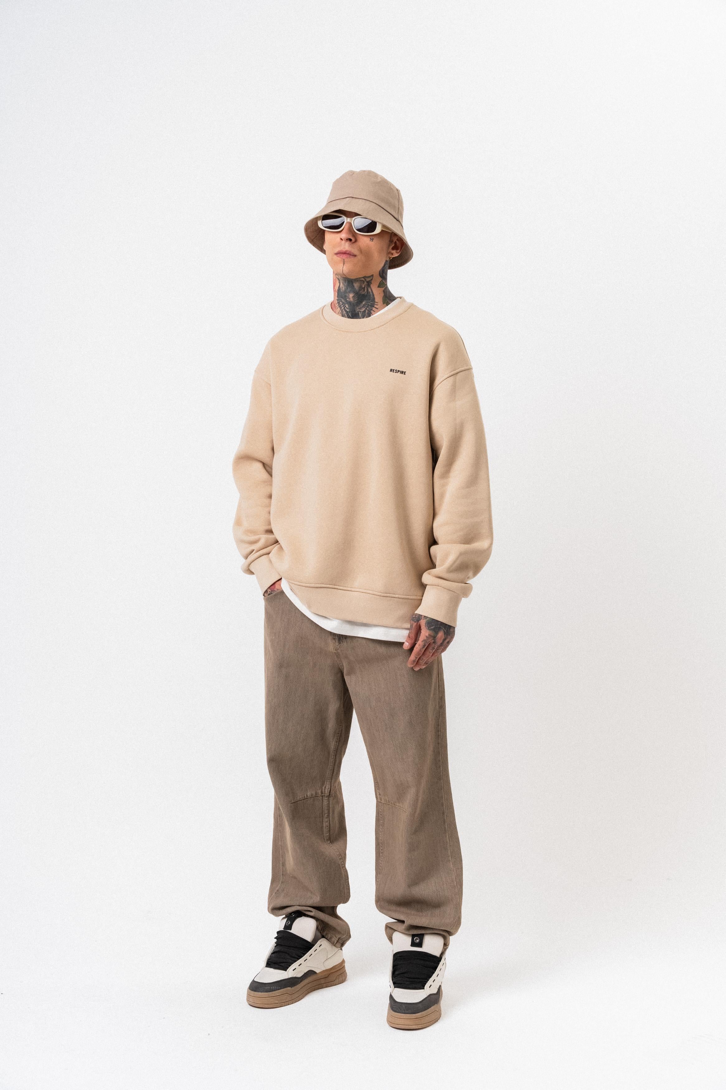 Erkek Respire Yazı Detaylı Basic Oversize Sweatshirt Bej