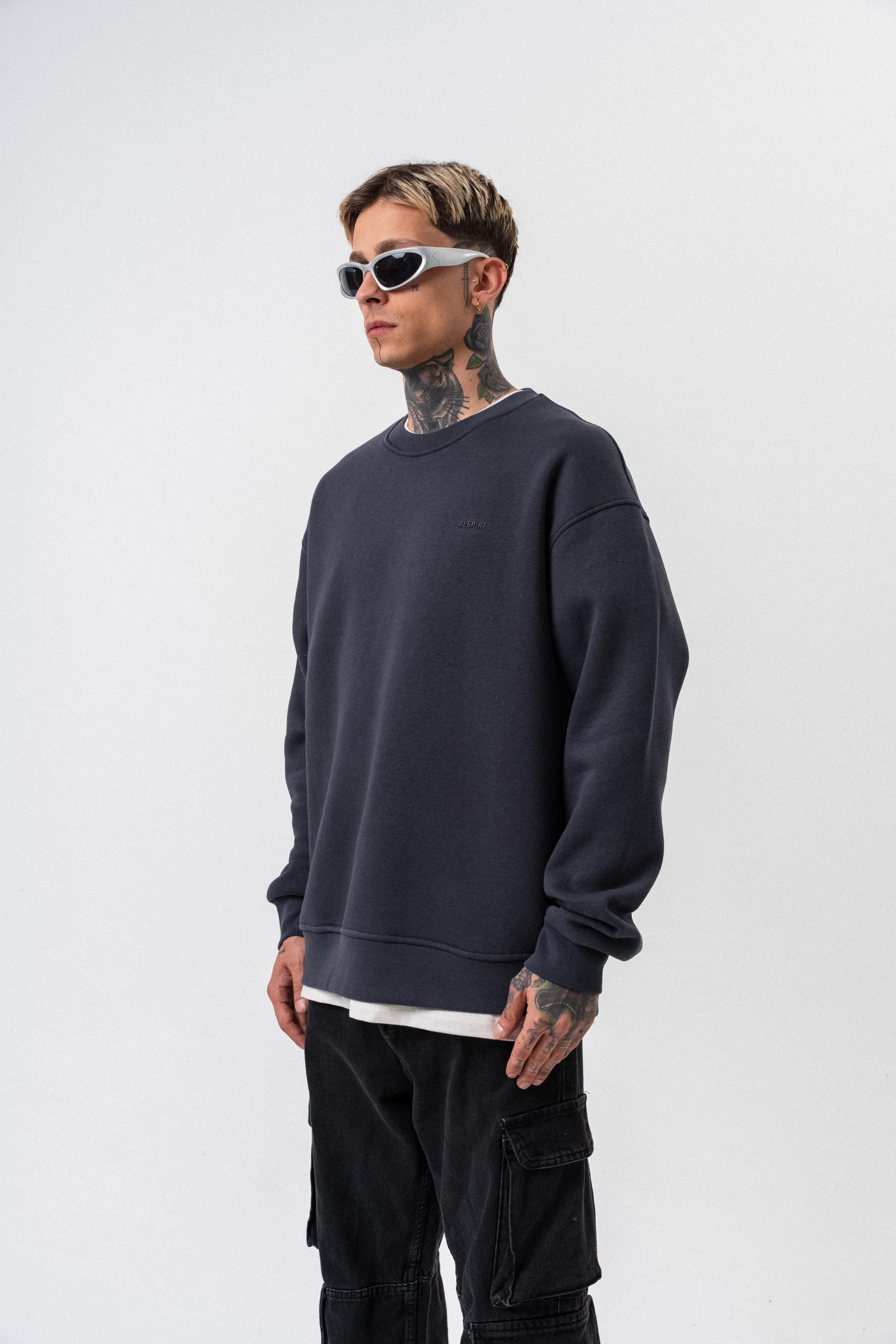 Erkek Respire Yazı Detaylı Basic Oversize Sweatshirt Füme