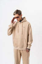 Erkek Respire Yazı Detaylı Kapüşonlu Basic Oversize Hoodie Bej