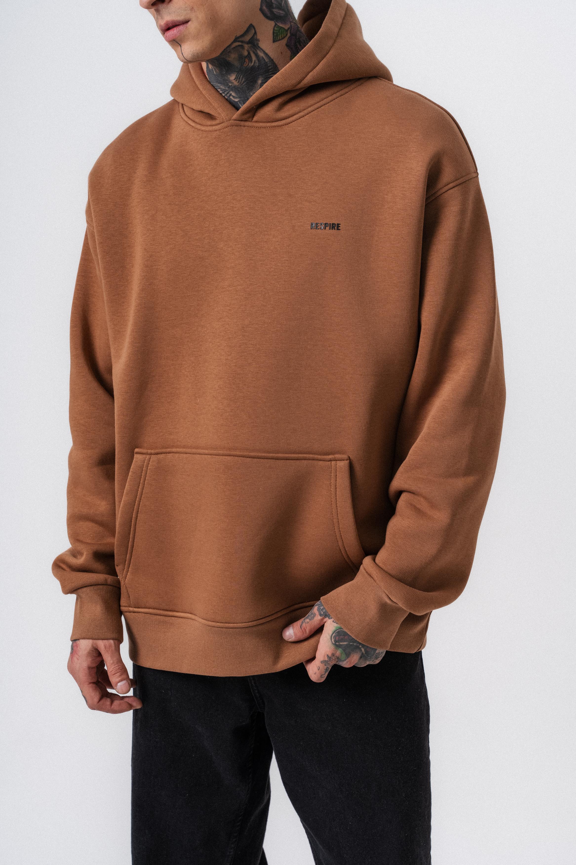 Erkek Respire Yazı Detaylı Kapüşonlu Basic Oversize Hoodie Kahve