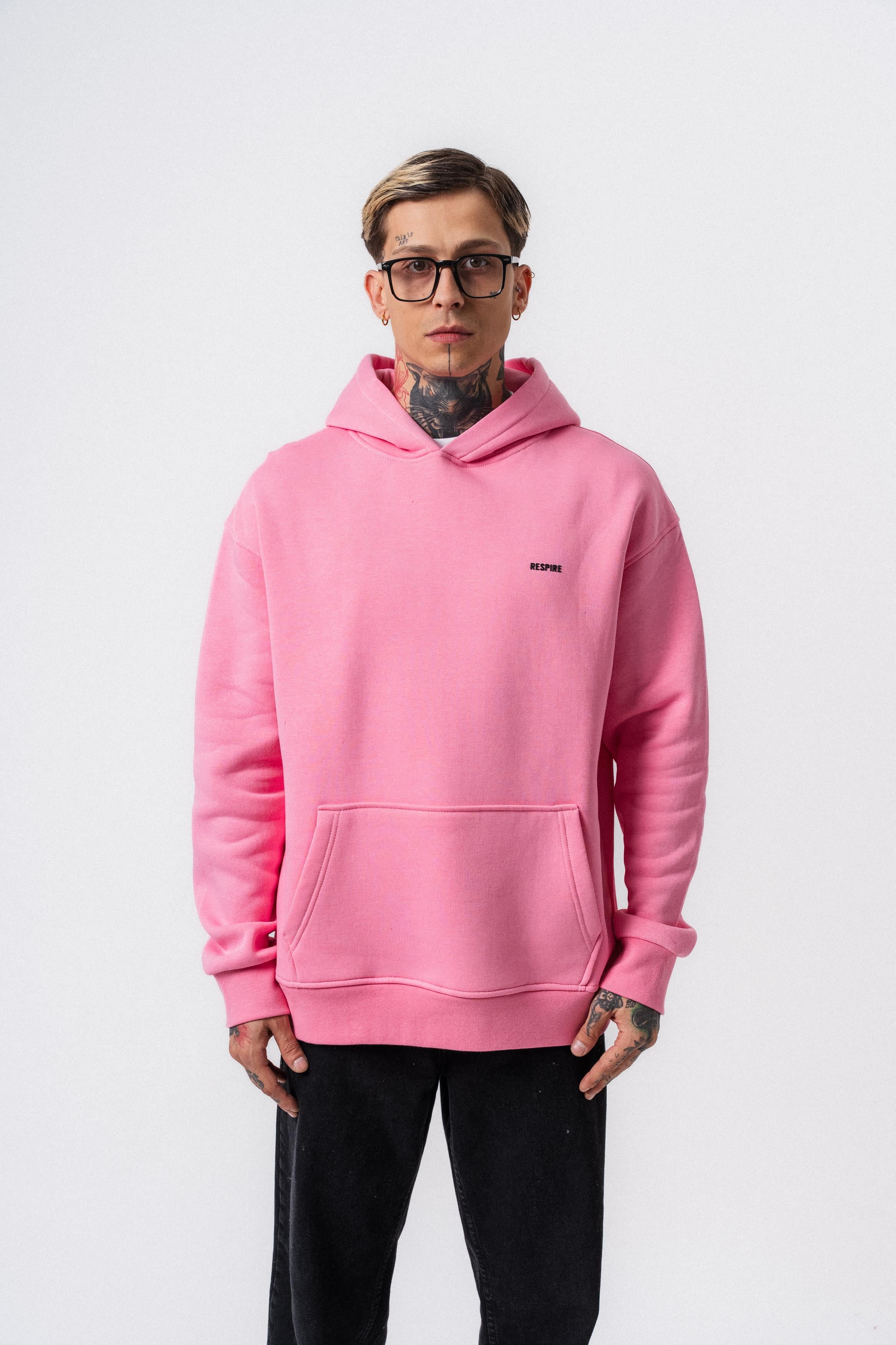Erkek Respire Yazı Detaylı Kapüşonlu Basic Oversize Hoodie Pembe