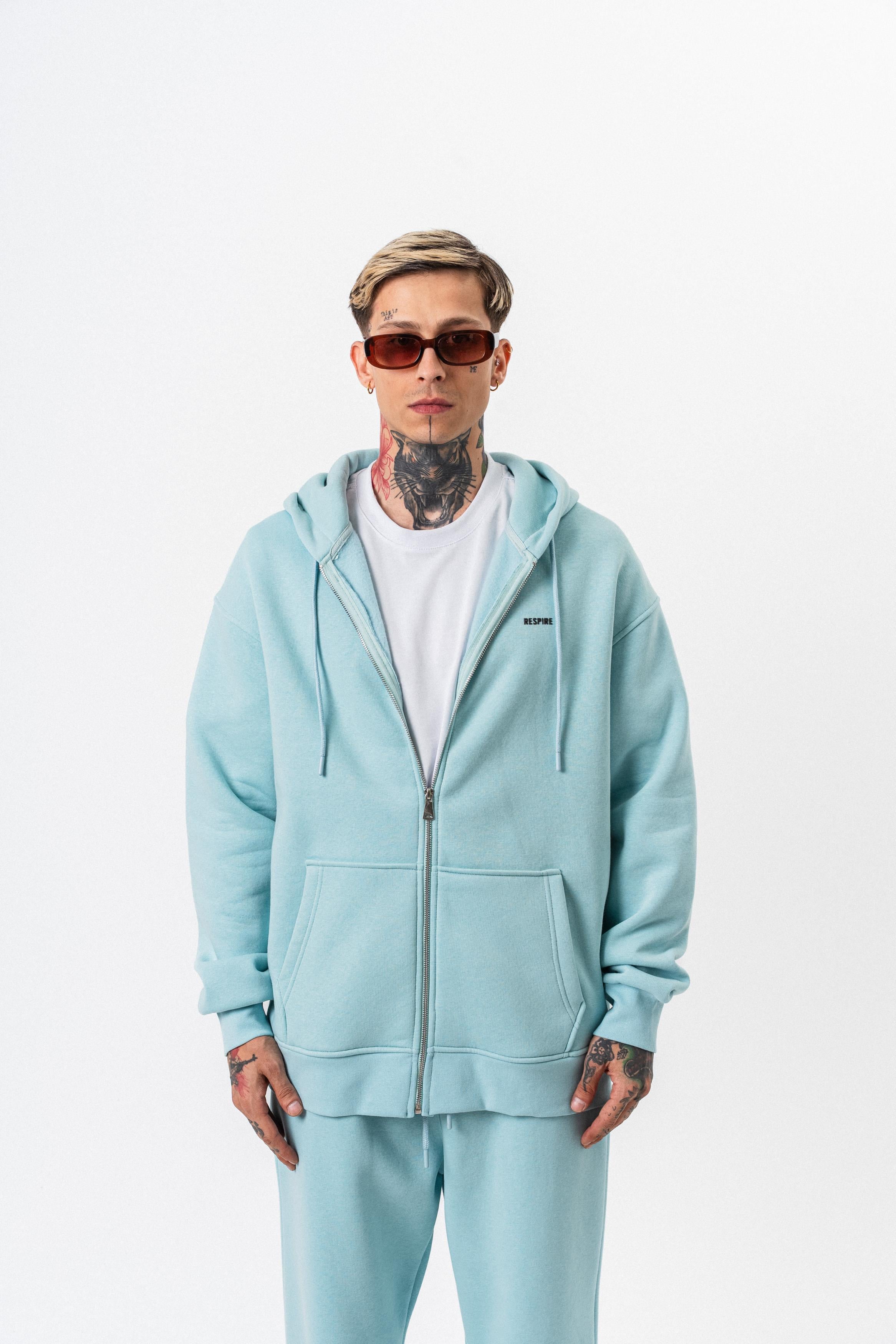 Erkek Respire Yazı Detaylı Kapüşonlu Basic Zip Oversize Hoodie Bebe Mavi