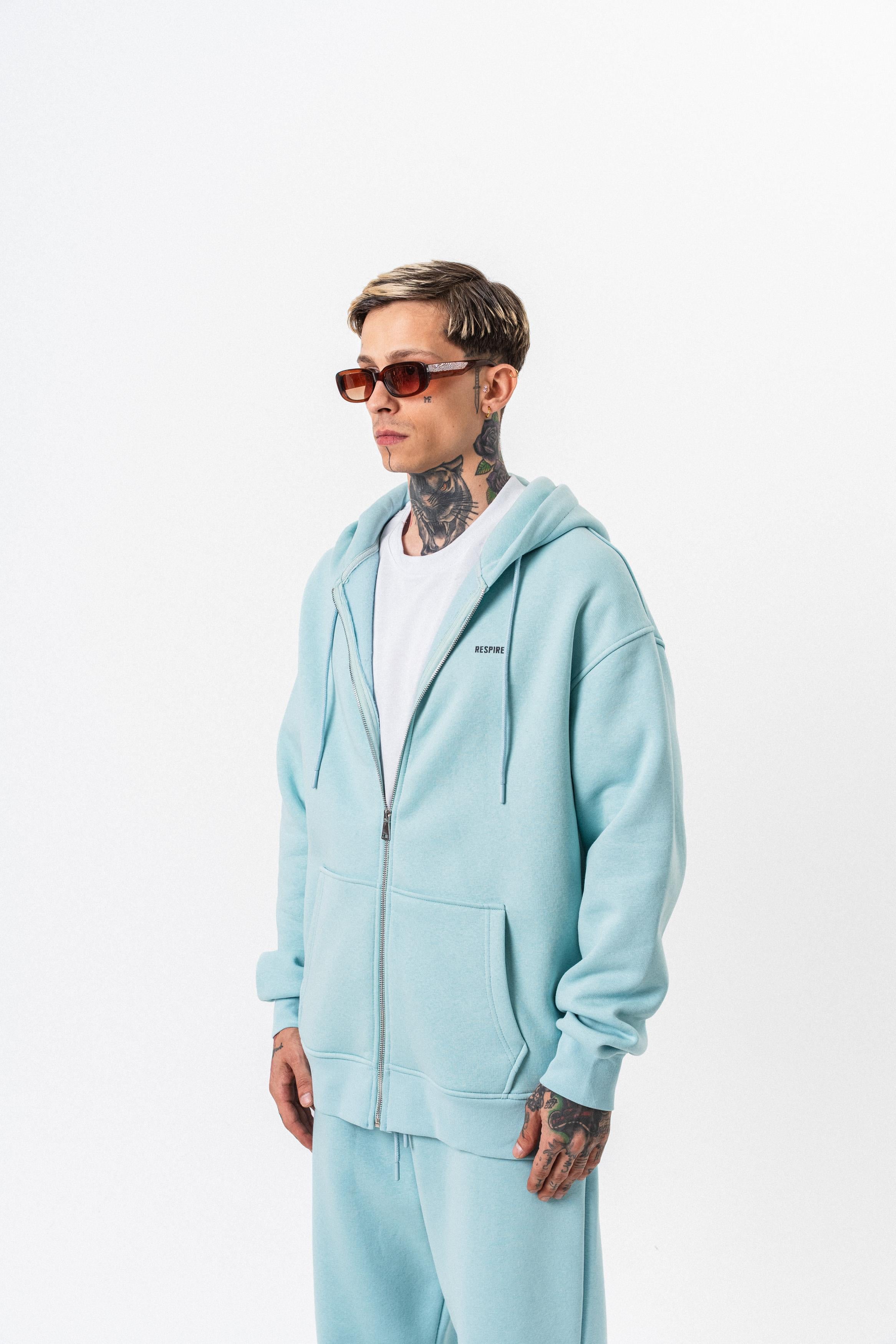 Erkek Respire Yazı Detaylı Kapüşonlu Basic Zip Oversize Hoodie Bebe Mavi