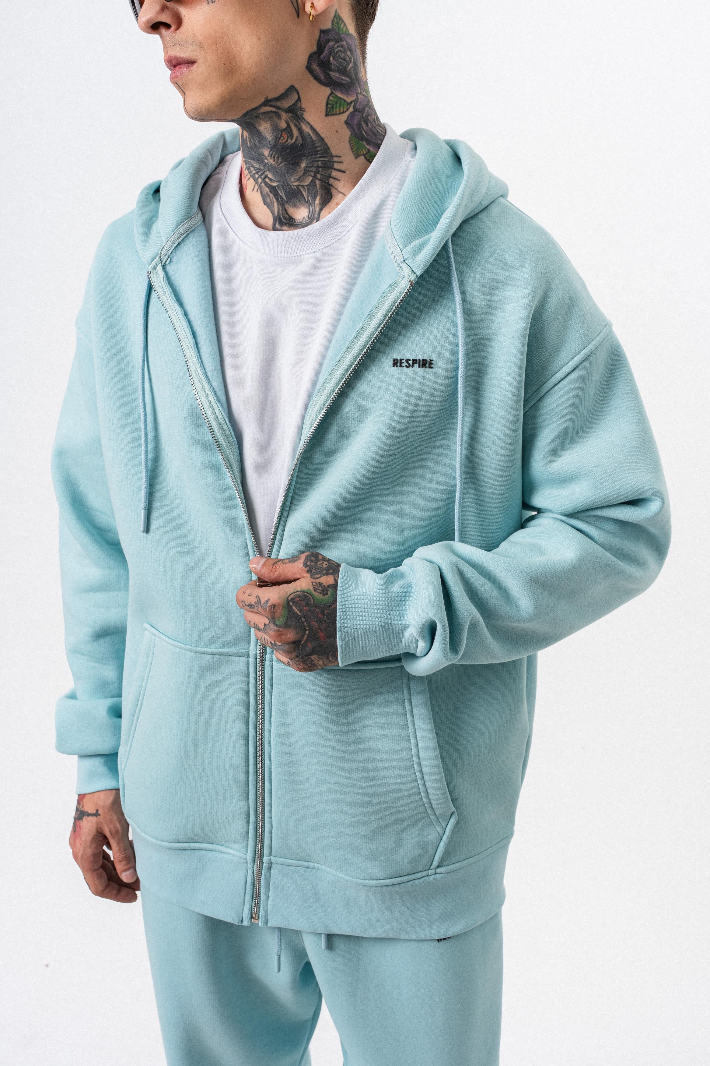 Erkek Respire Yazı Detaylı Kapüşonlu Basic Zip Oversize Hoodie Bebe Mavi